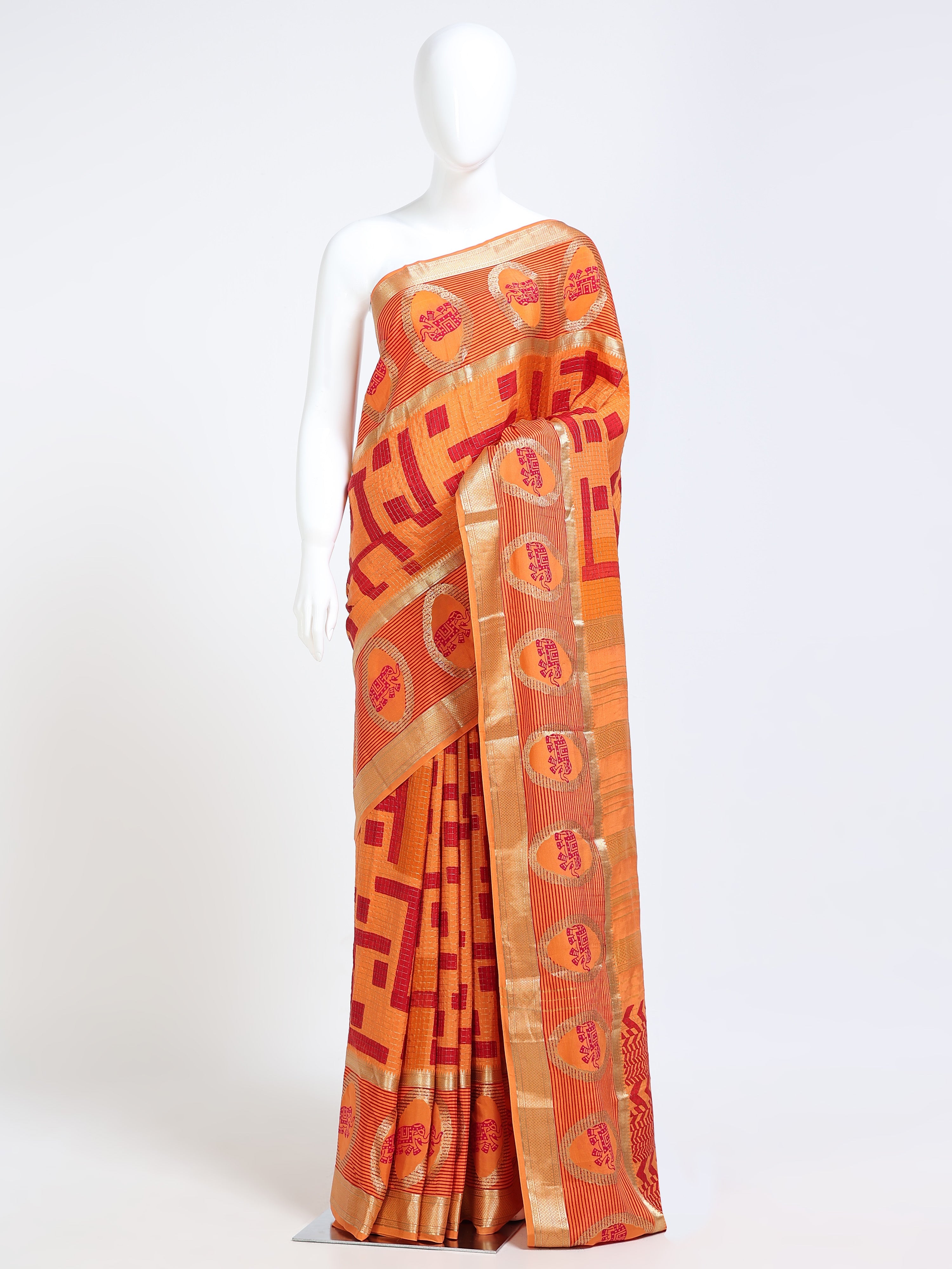 Mango Orange Mysore Crepe Pure Silk Saree with red geometric maze body and oval elephant medallion border - mannequin front view