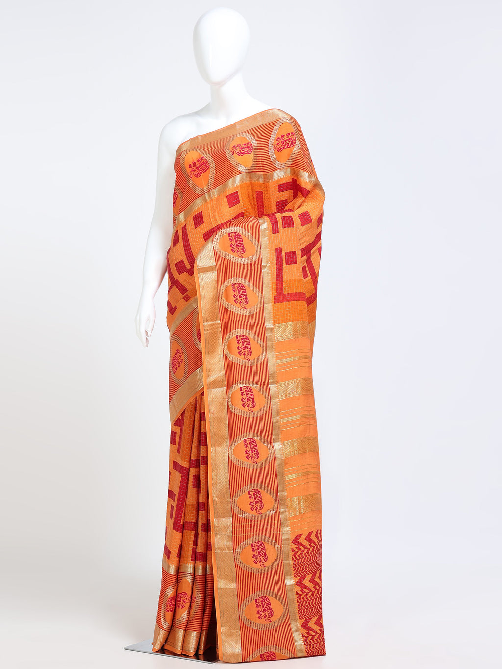 Mango Orange Mysore Crepe Pure Silk Saree with red geometric maze body and oval elephant medallion border - mannequin side view