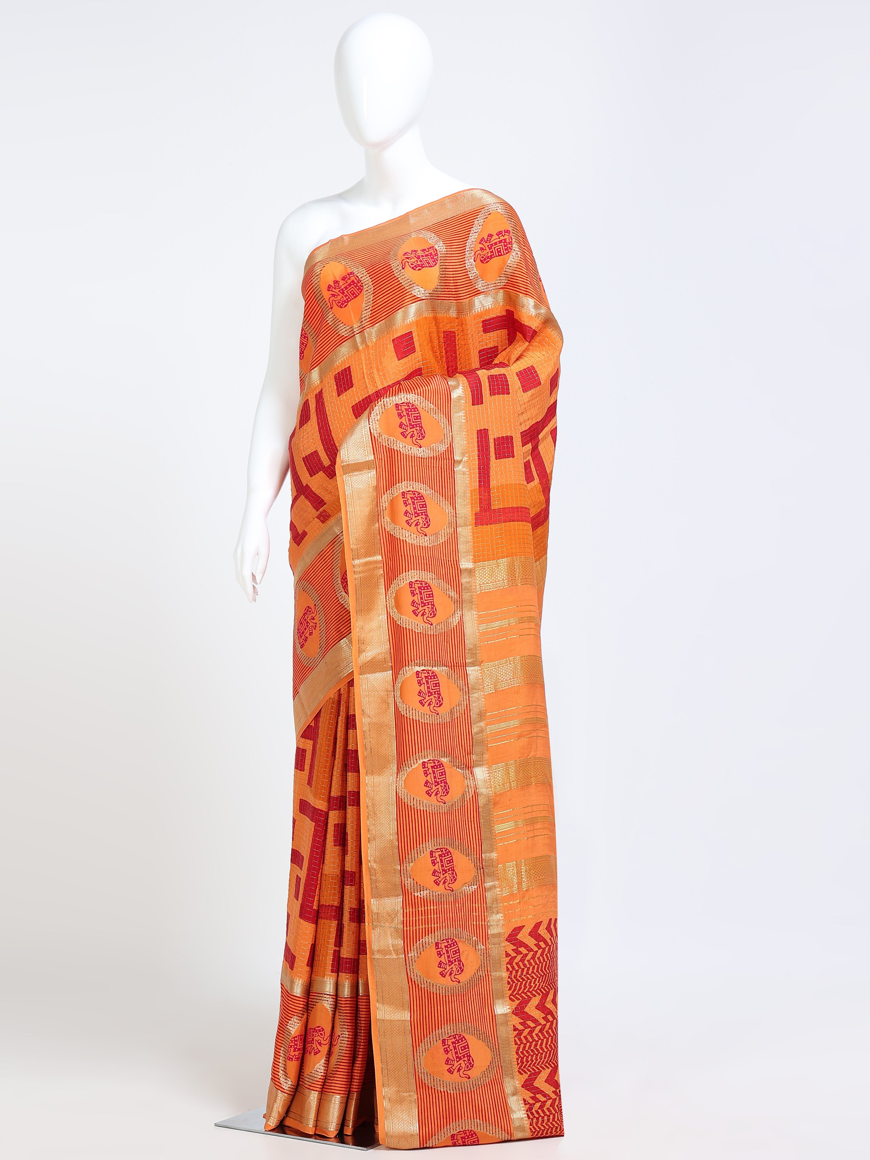 Mango Orange Mysore Crepe Pure Silk Saree with red geometric maze body and oval elephant medallion border - mannequin side view