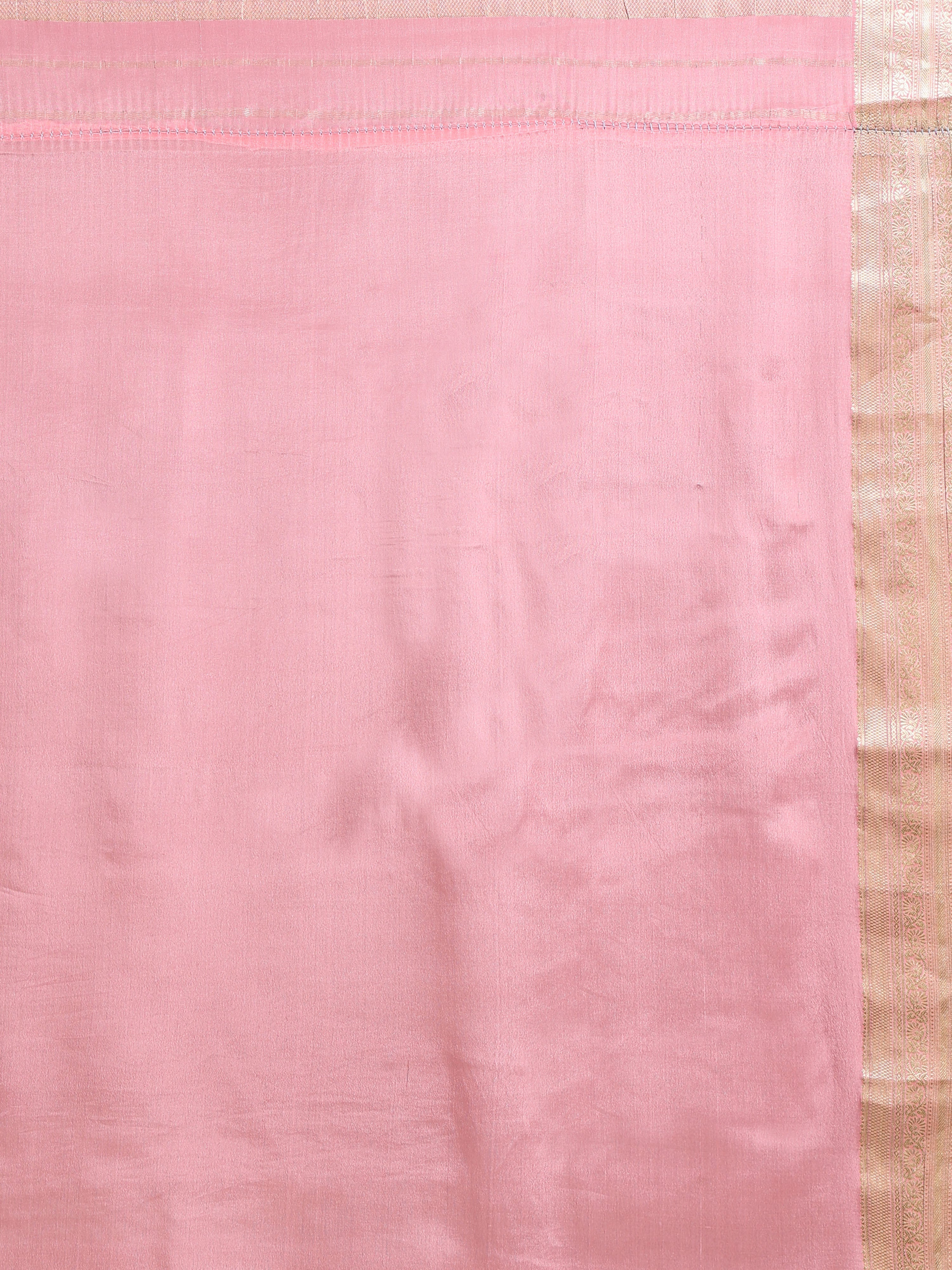 Baby Pink Mysore Crepe Pure Silk Saree with gold zari butta body and large check zari pallu - flat lay