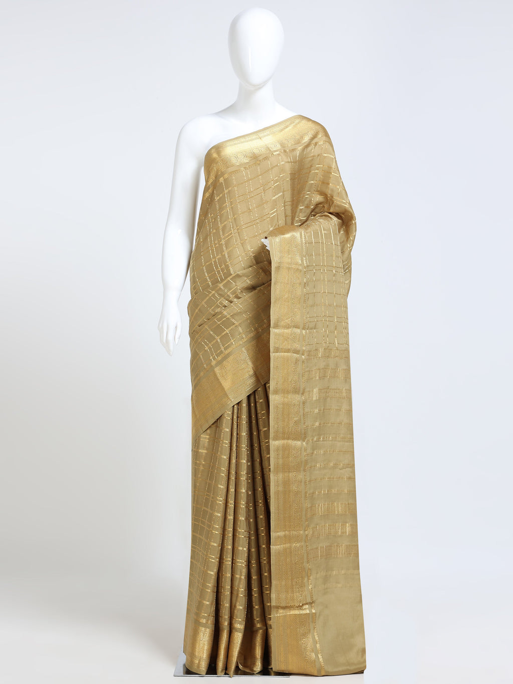Champagne Gold Mysore Crepe Pure Silk Saree with all-over gold zari large check body and stripe zari pallu - mannequin front view