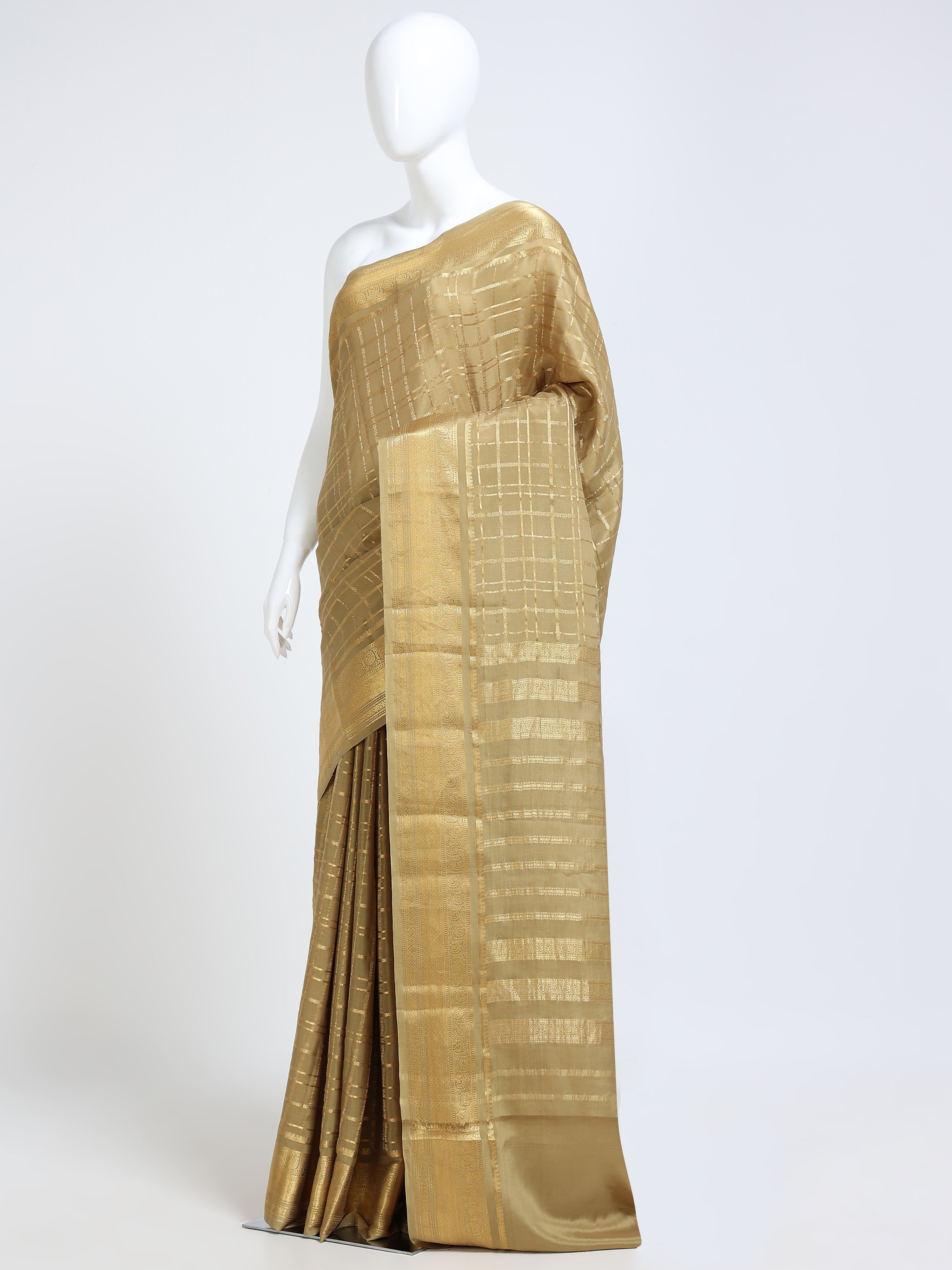 Champagne Gold Mysore Crepe Pure Silk Saree with gold zari check body and stripe pallu - mannequin side view
