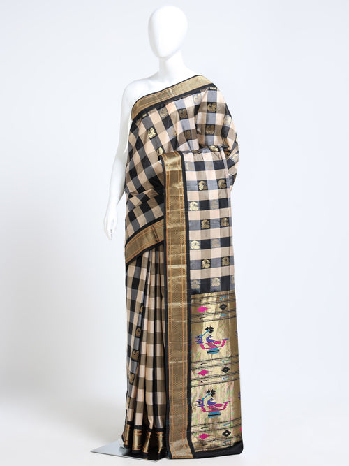 Black and cream Paithani Pure Silk Saree with gold zari peacock check body and multicolour Paithani peacock pallu - mannequin front view