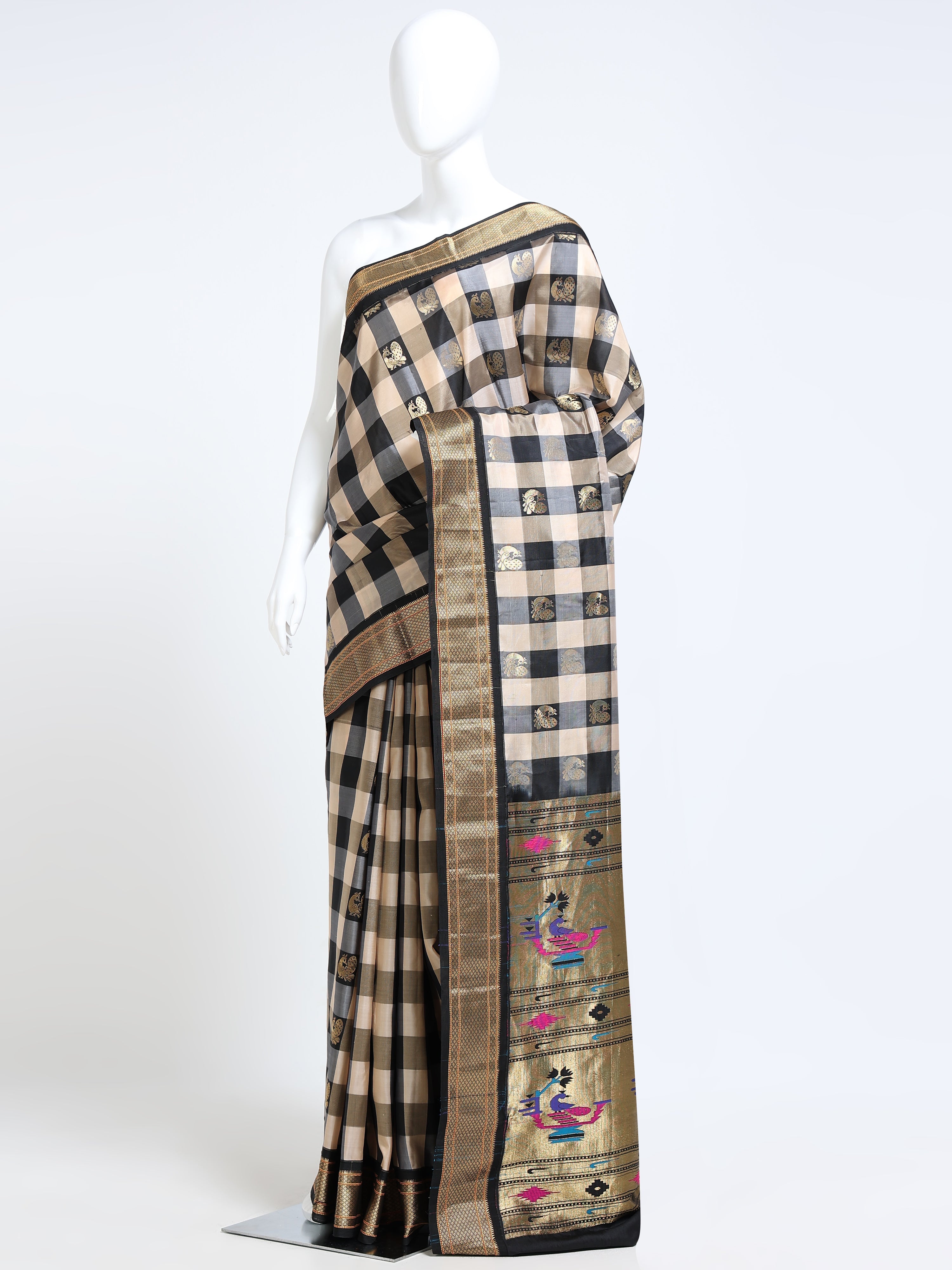 Black and cream Paithani Pure Silk Saree with multicolour Paithani peacock pallu - mannequin side view
