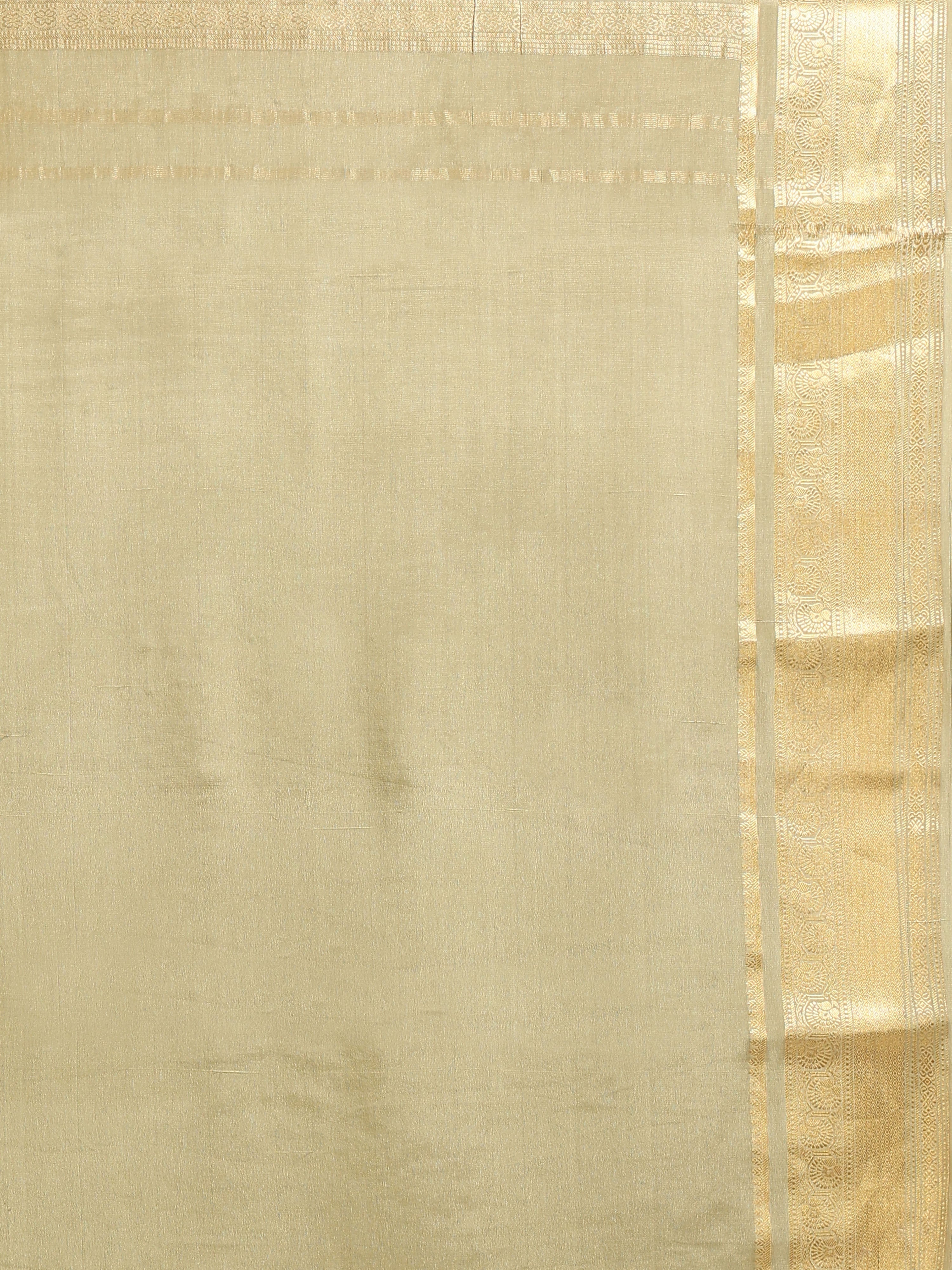 Close up of plain champagne gold silk blouse piece with narrow antique gold zari floral scrollwork border