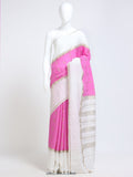 Hot Pink Mysore Crepe Pure Silk Saree with gold zari check butta body and contrast white stripe zari pallu - mannequin front view