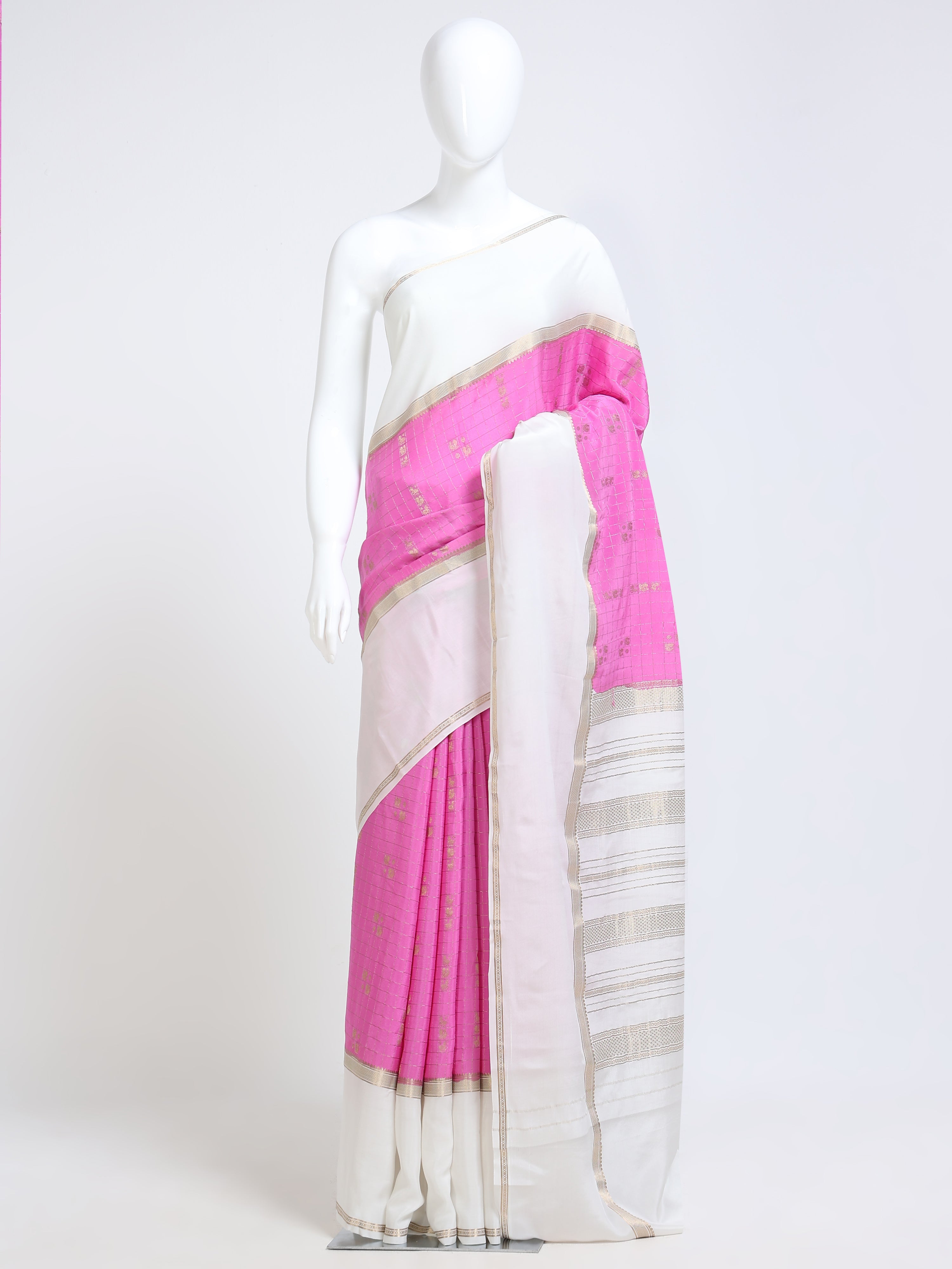 Hot Pink Mysore Crepe Pure Silk Saree with gold zari check butta body and contrast white stripe zari pallu - mannequin front view