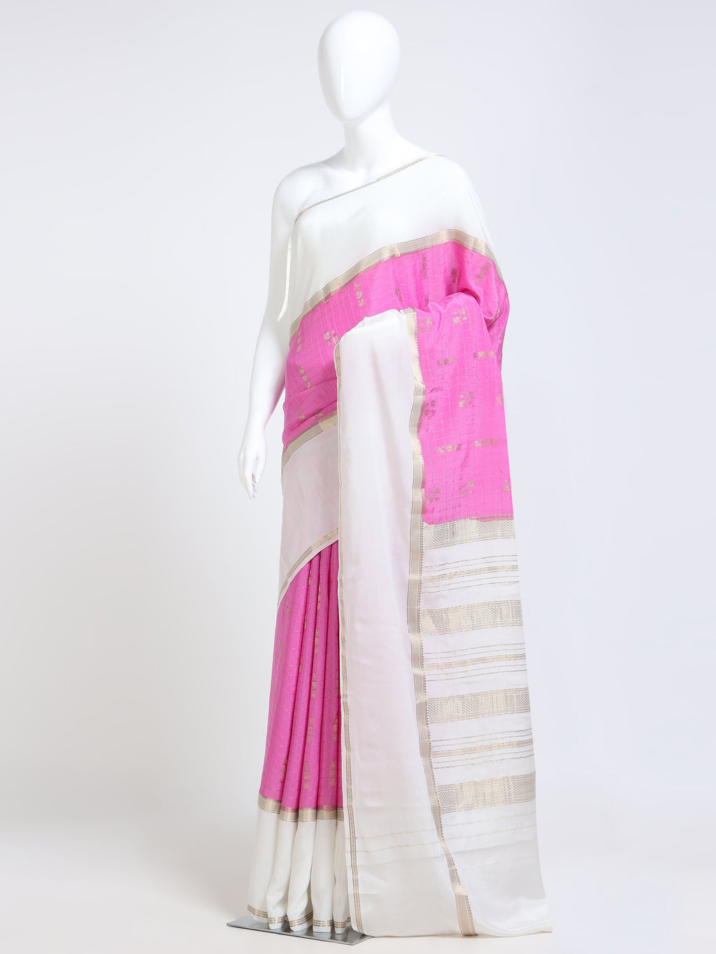Hot Pink Mysore Crepe Pure Silk Saree with contrast white stripe zari pallu - mannequin side view