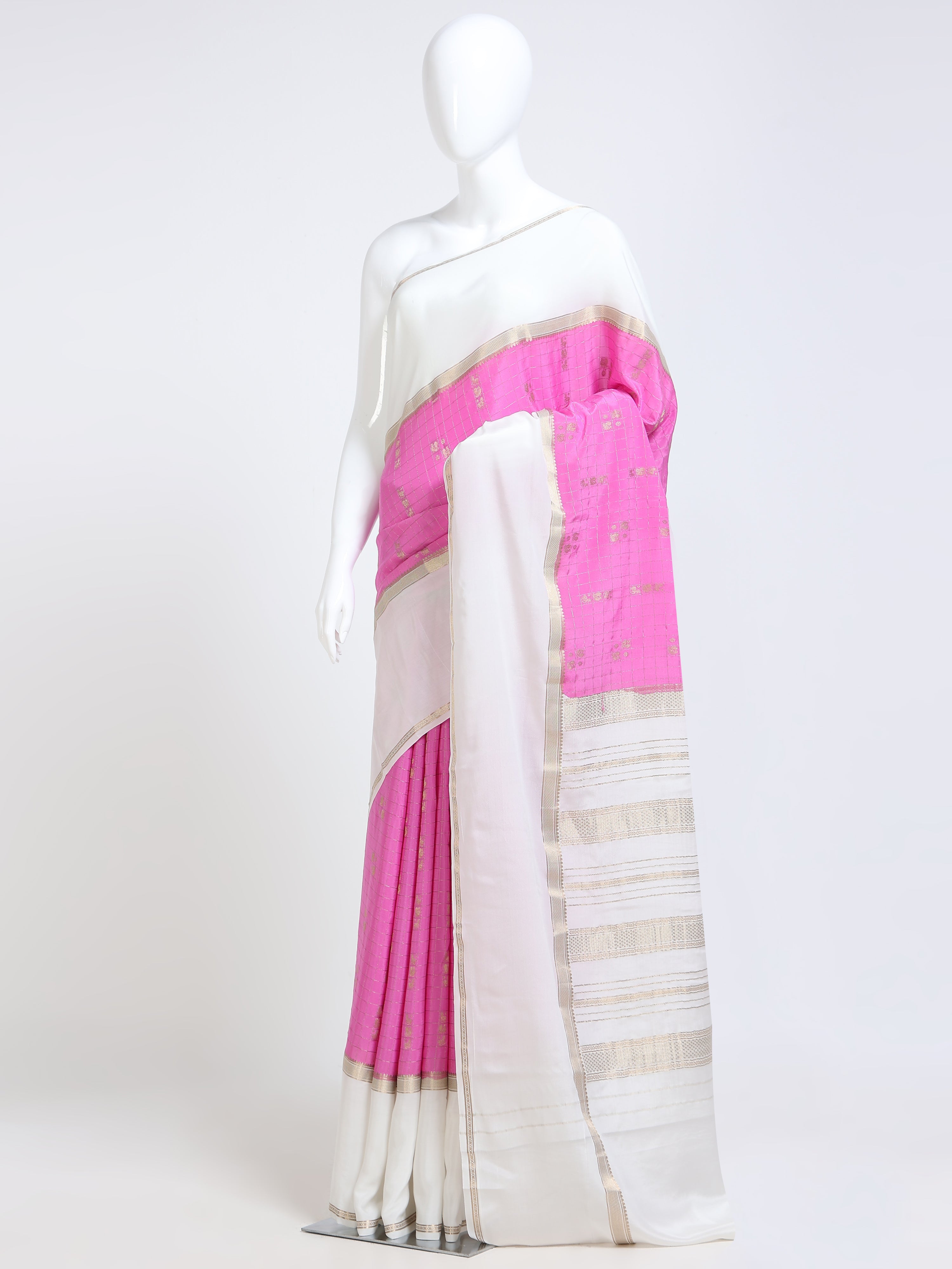 Hot Pink Mysore Crepe Pure Silk Saree with contrast white stripe zari pallu - mannequin side view