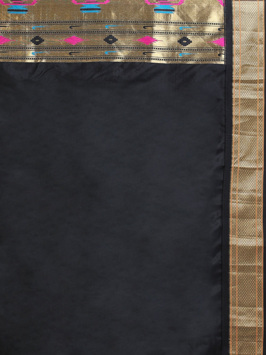 Close up of plain black silk blouse piece with narrow antique gold zari geometric border and Paithani pallu detail