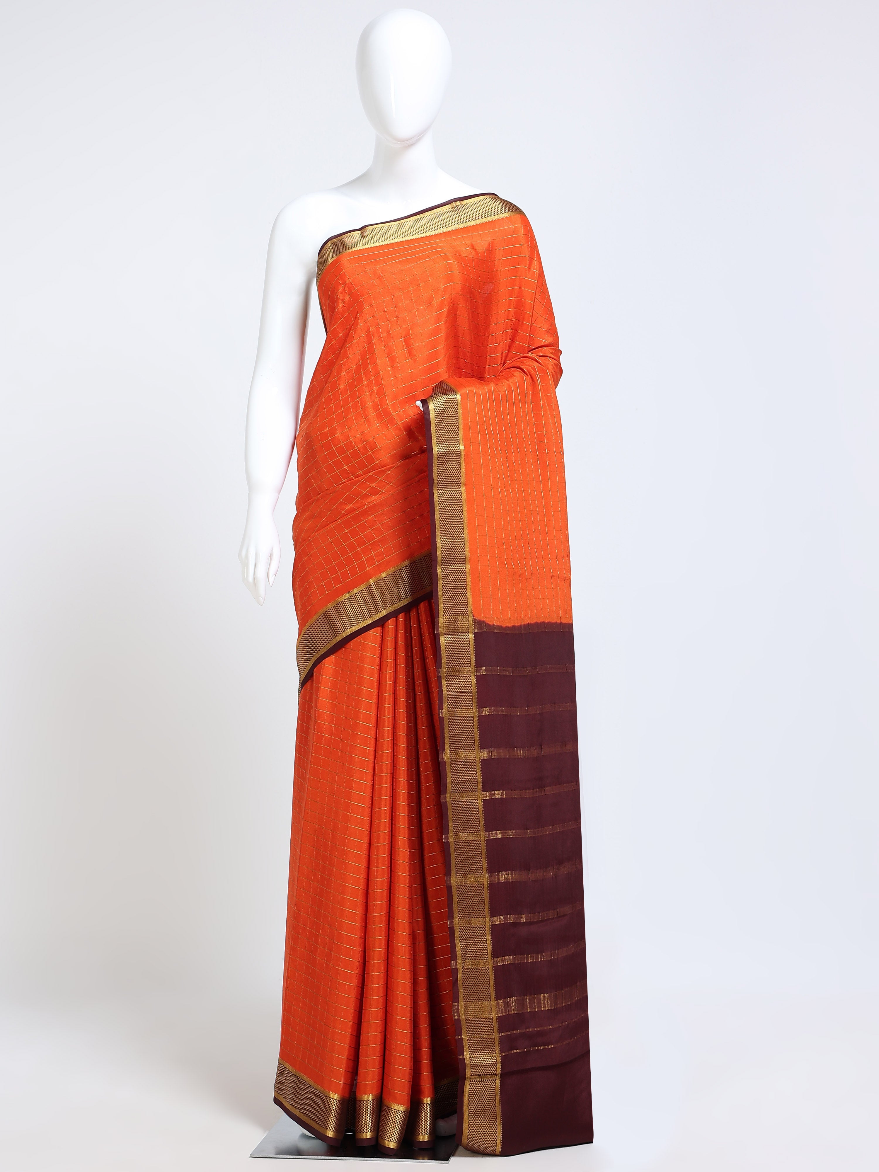 Tangerine Orange and Plum Mysore Crepe Pure Silk Saree with gold zari check body and contrast stripe plum pallu - mannequin front view