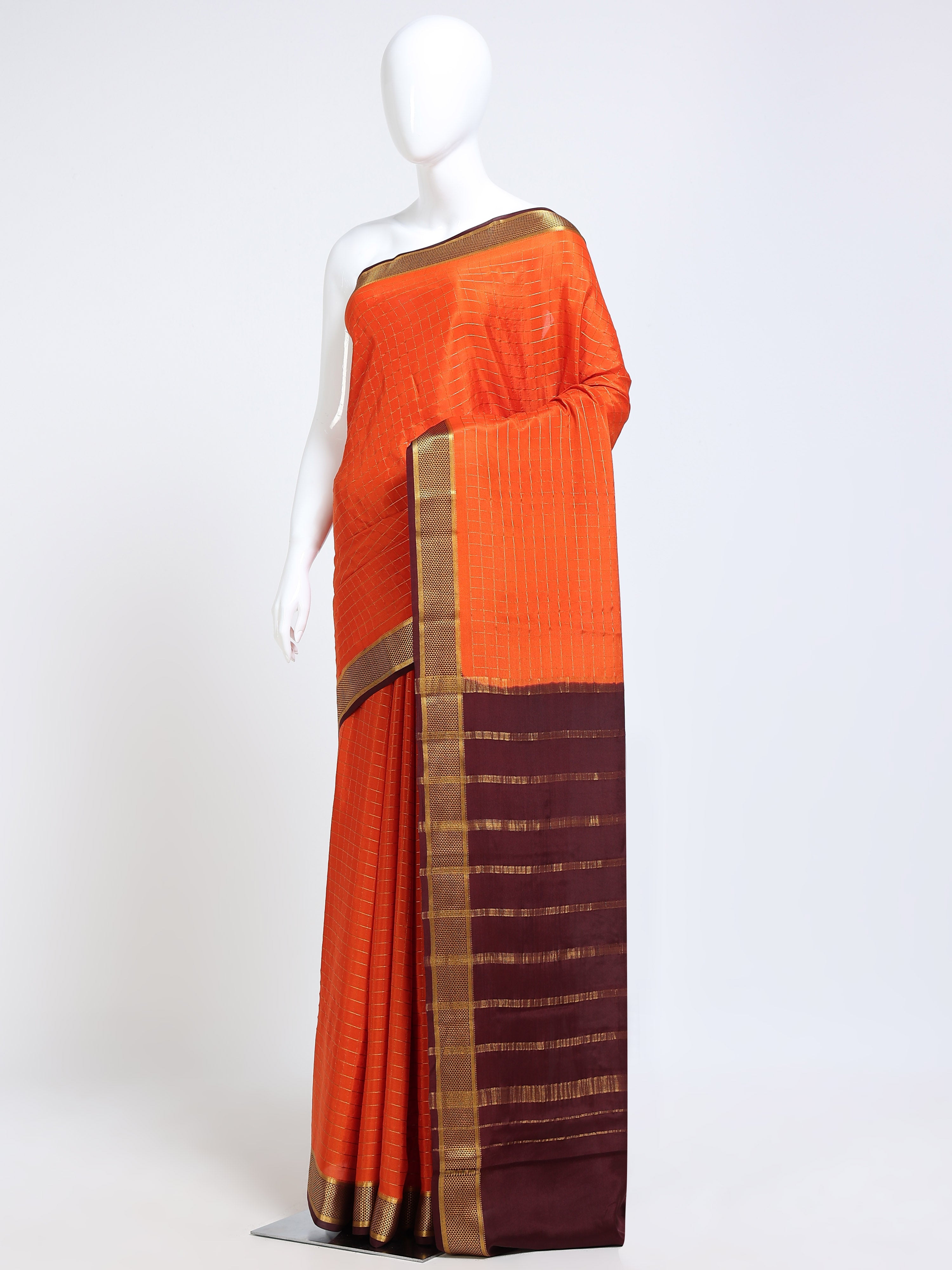 Tangerine Orange and Plum Mysore Crepe Pure Silk Saree with contrast plum stripe pallu - mannequin side view