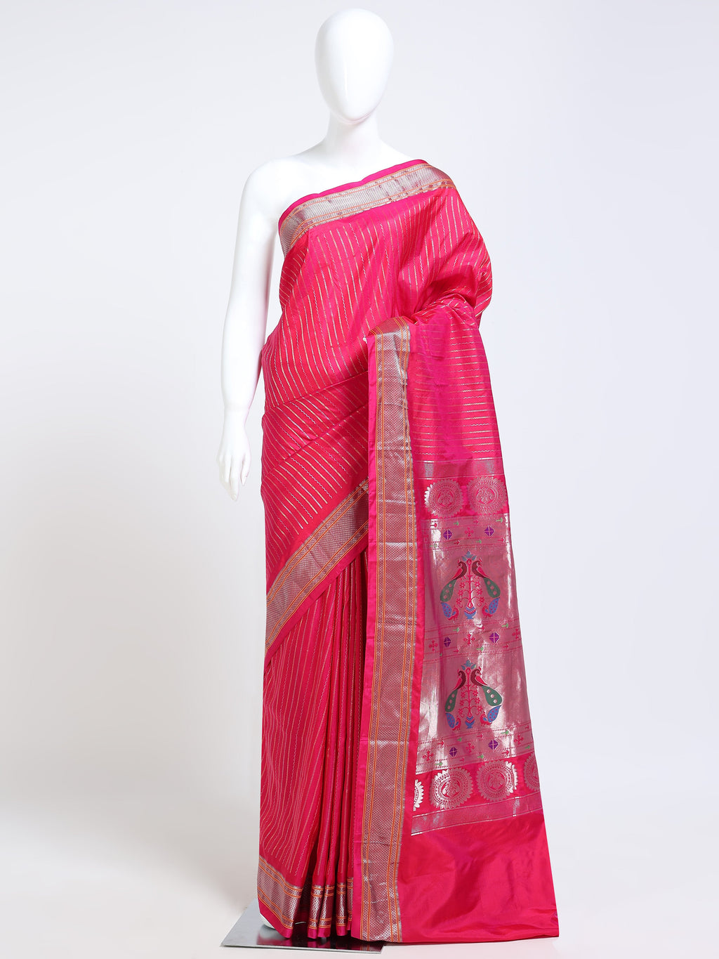 Hot Pink Paithani Pure Silk Saree with silver zari stripe body and multicolour peacock pair silver zari pallu - mannequin front view