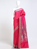 Hot Pink Paithani Pure Silk Saree with silver zari stripe body and multicolour peacock pair silver zari pallu - mannequin front view