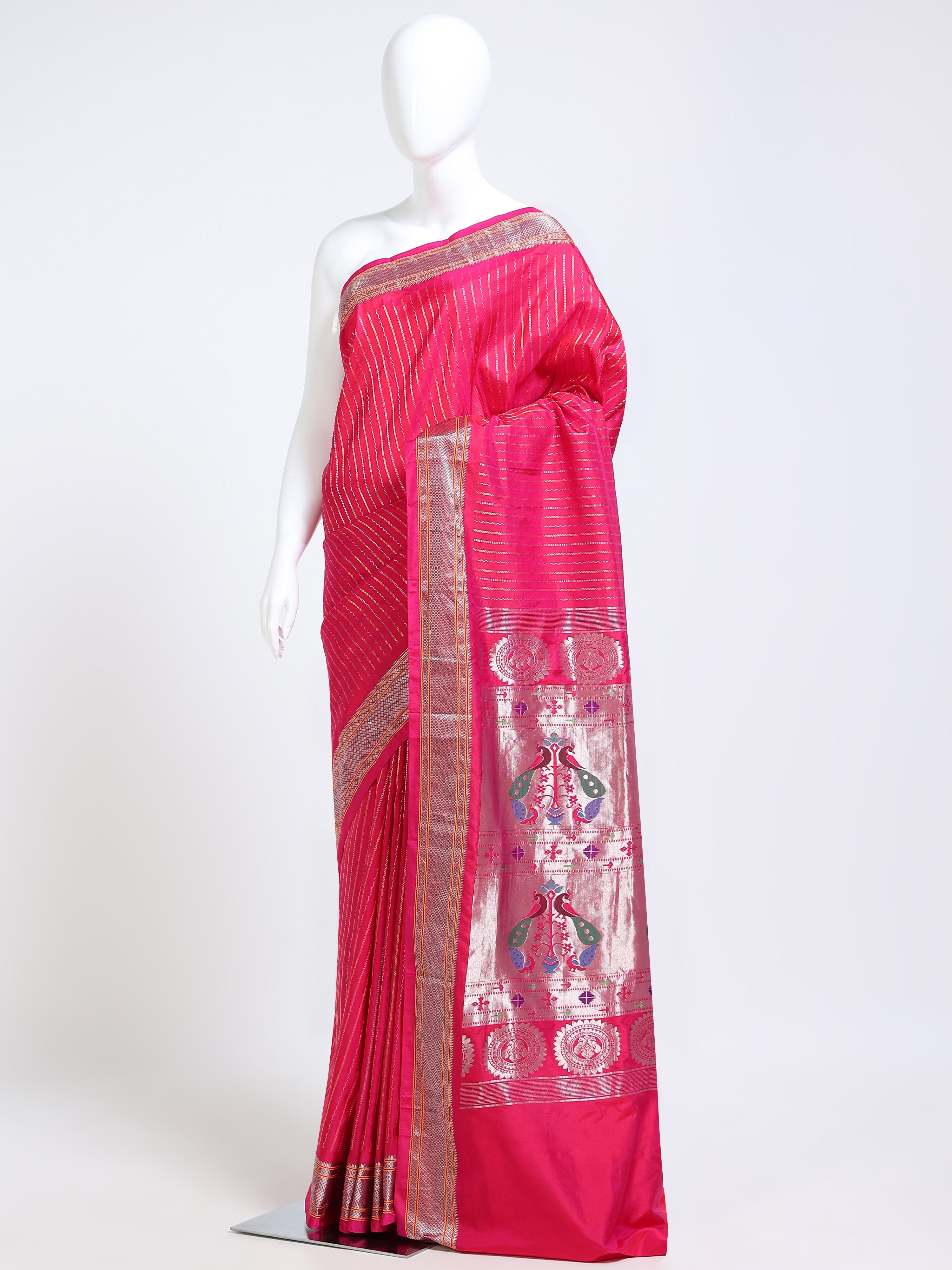 Hot Pink Paithani Pure Silk Saree with multicolour peacock pair silver zari pallu - mannequin side view