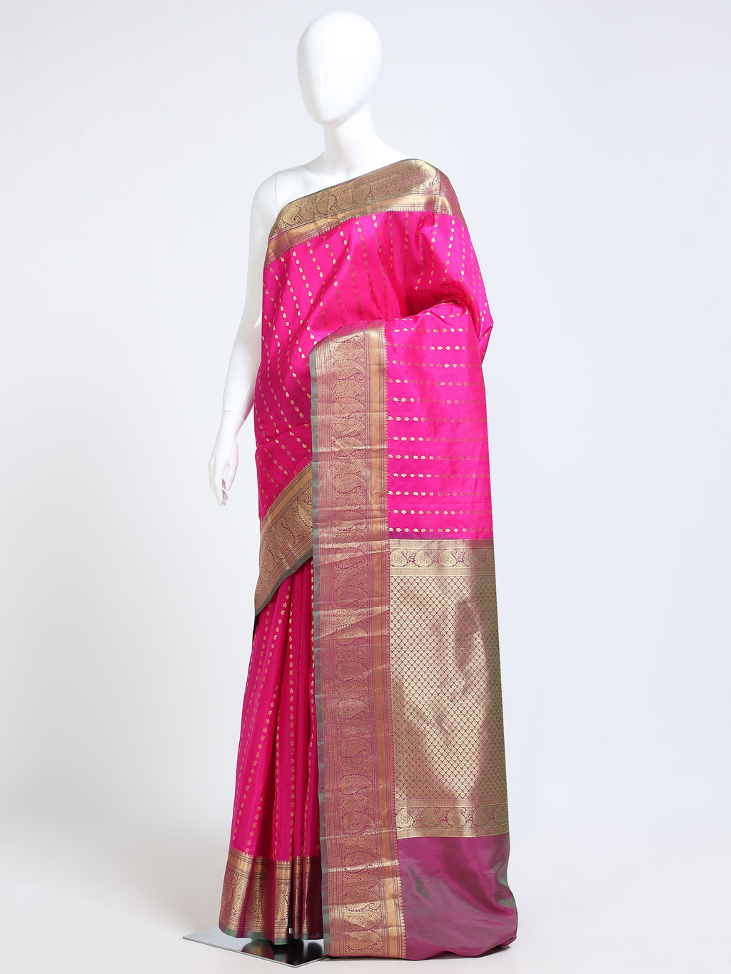 Hot Pink Shot Silk Kanjivaram Pure Silk Saree with gold jaal pallu and peacock scrollwork border - mannequin side view