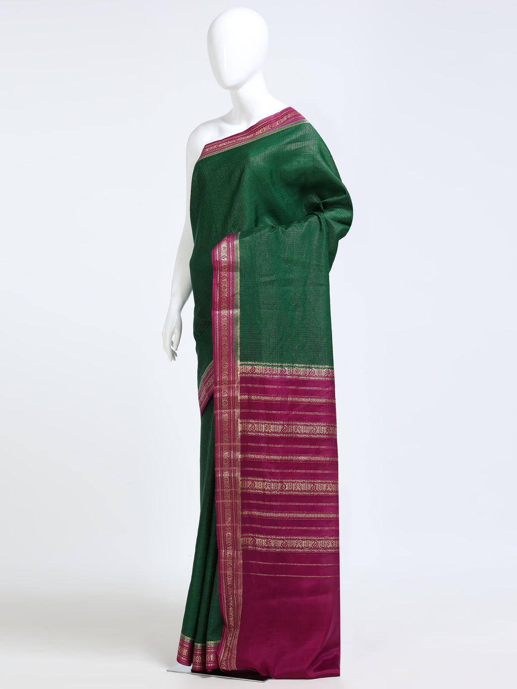 Bottle Green Mysore Crepe Pure Silk Saree with contrast magenta peacock pallu - mannequin side view