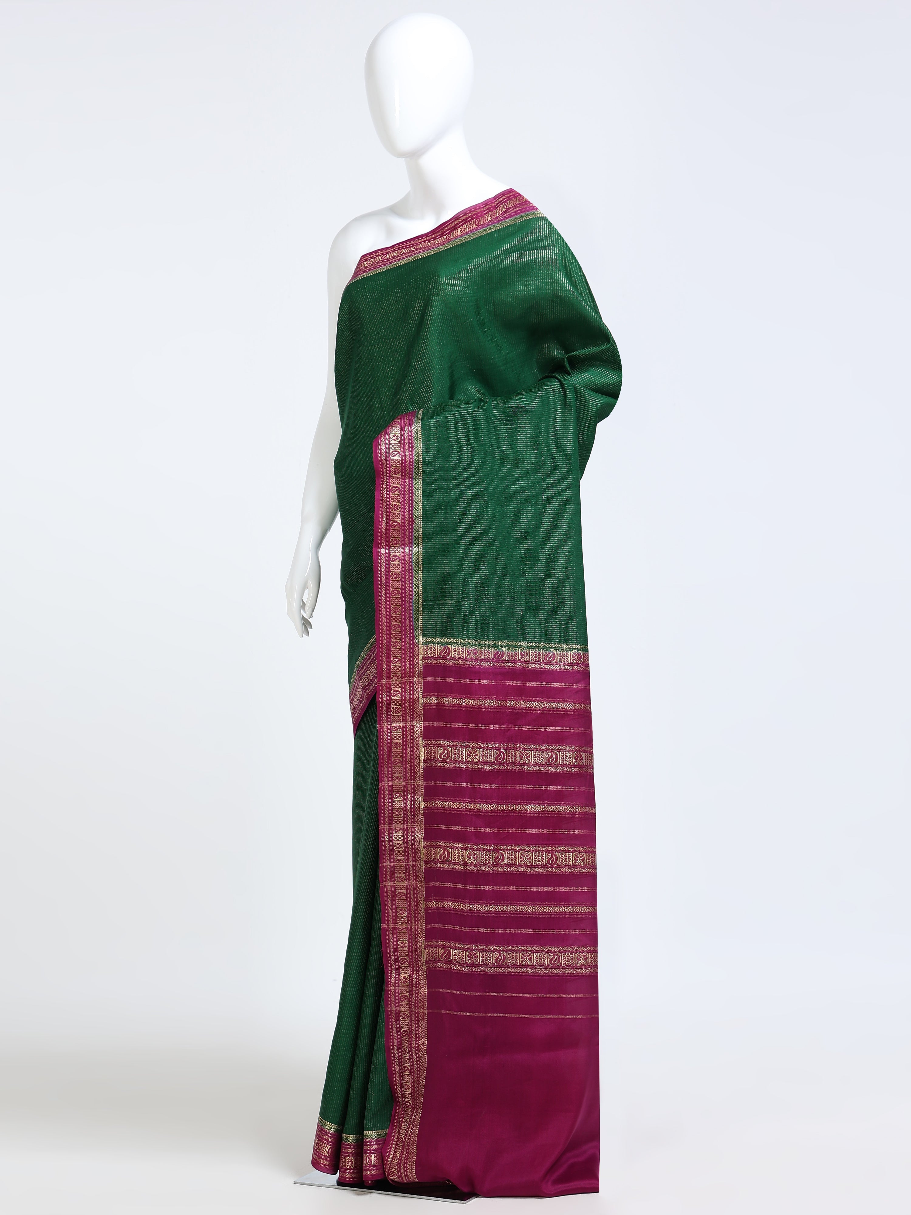 Bottle Green Mysore Crepe Pure Silk Saree with contrast magenta peacock pallu - mannequin side view