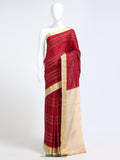 Crimson Red Mysore Crepe Pure Silk Saree with gold zari stripe body and contrast cream diamond lattice border pallu - mannequin front view