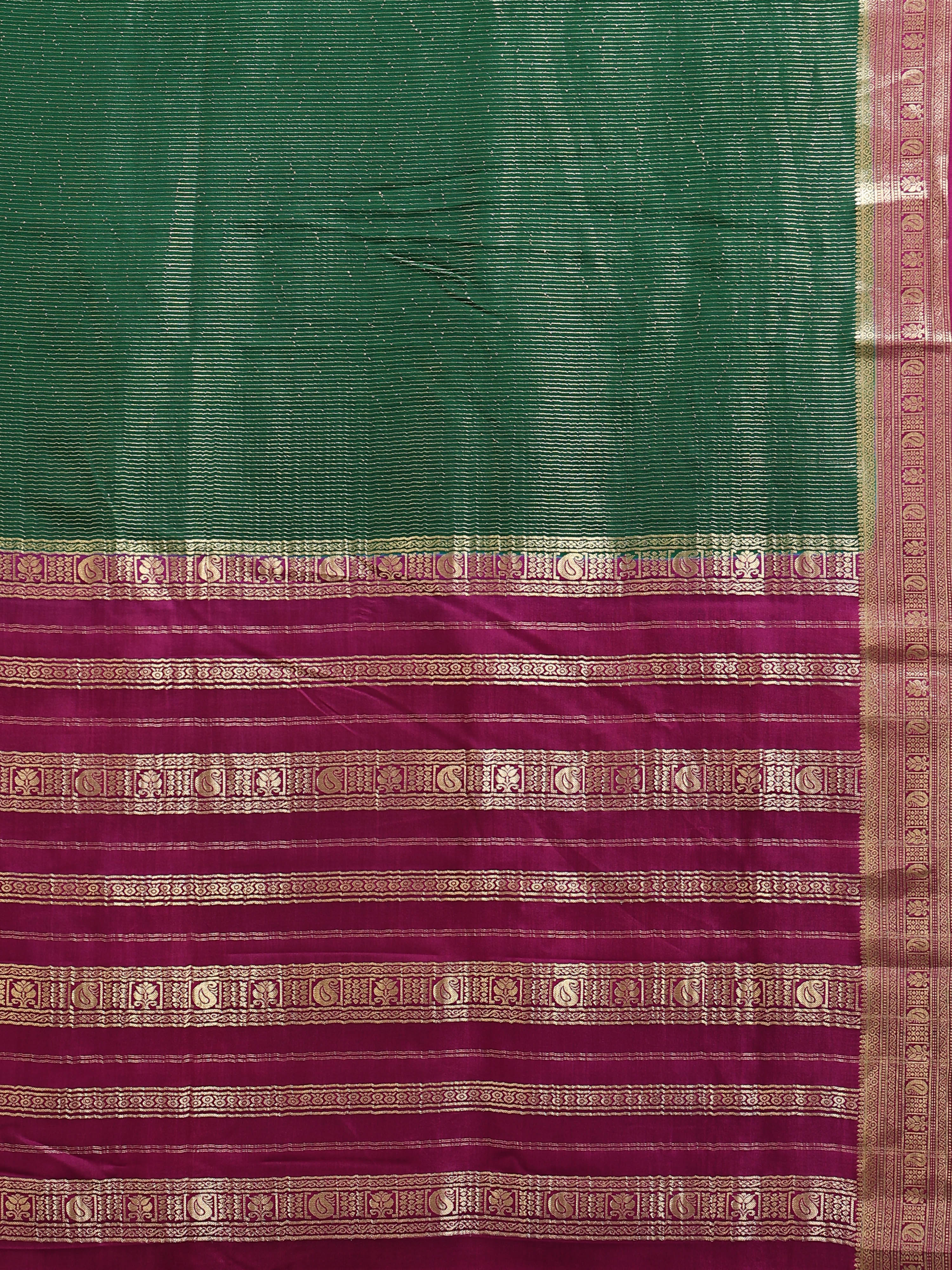 Close up of bottle green body with fine horizontal gold zari stripes and deep magenta pallu with gold zari peacock bands