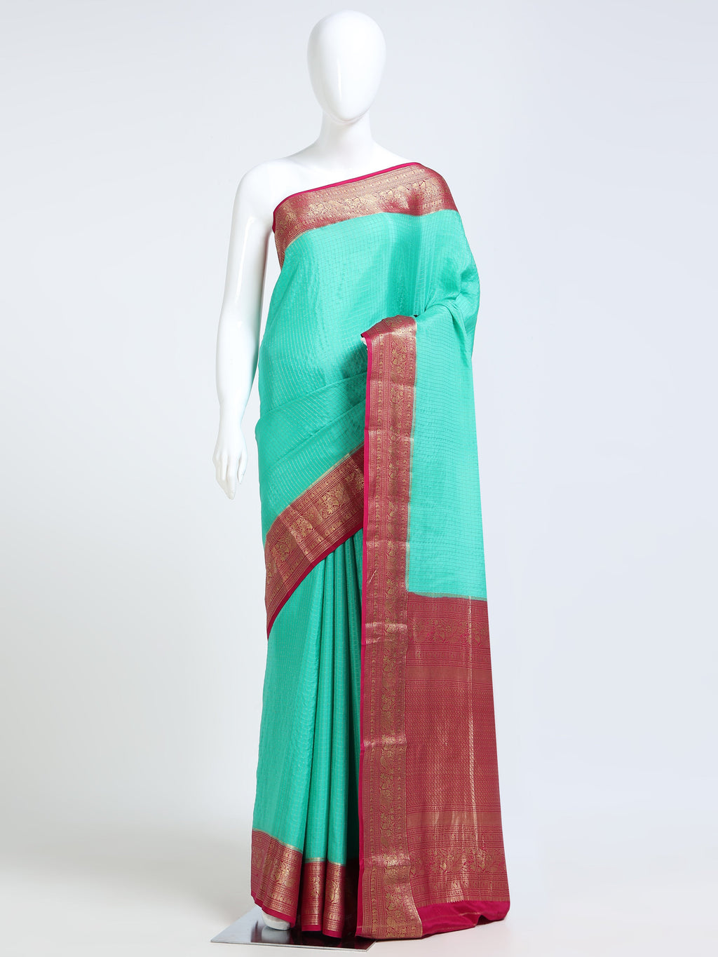 Aqua Green Mysore Crepe Pure Silk Saree with contrast magenta gold zari border and heavily worked zari pallu - mannequin front view