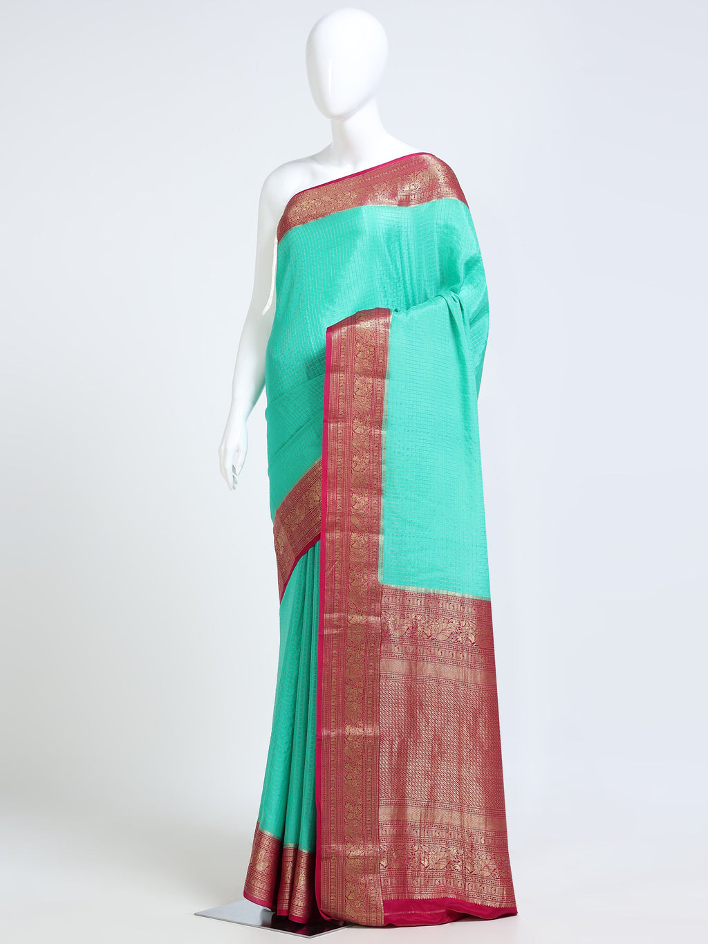 Aqua Green Mysore Crepe Pure Silk Saree with contrast magenta heavily worked zari pallu - mannequin side view