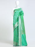 Mint Green Kanchipuram Pure Silk Saree with all-over silver zari floral vine jaal body and ogee lattice pallu - mannequin front view