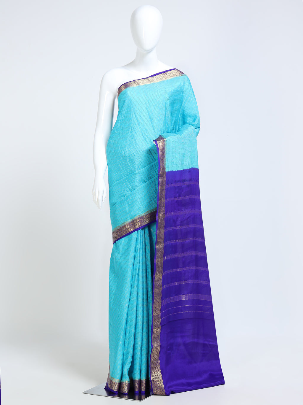 Sky Blue & Royal Purple Mysore Crepe Pure Silk Saree with Self-Check Body & Gold Zari Stripe Contrast Pallu