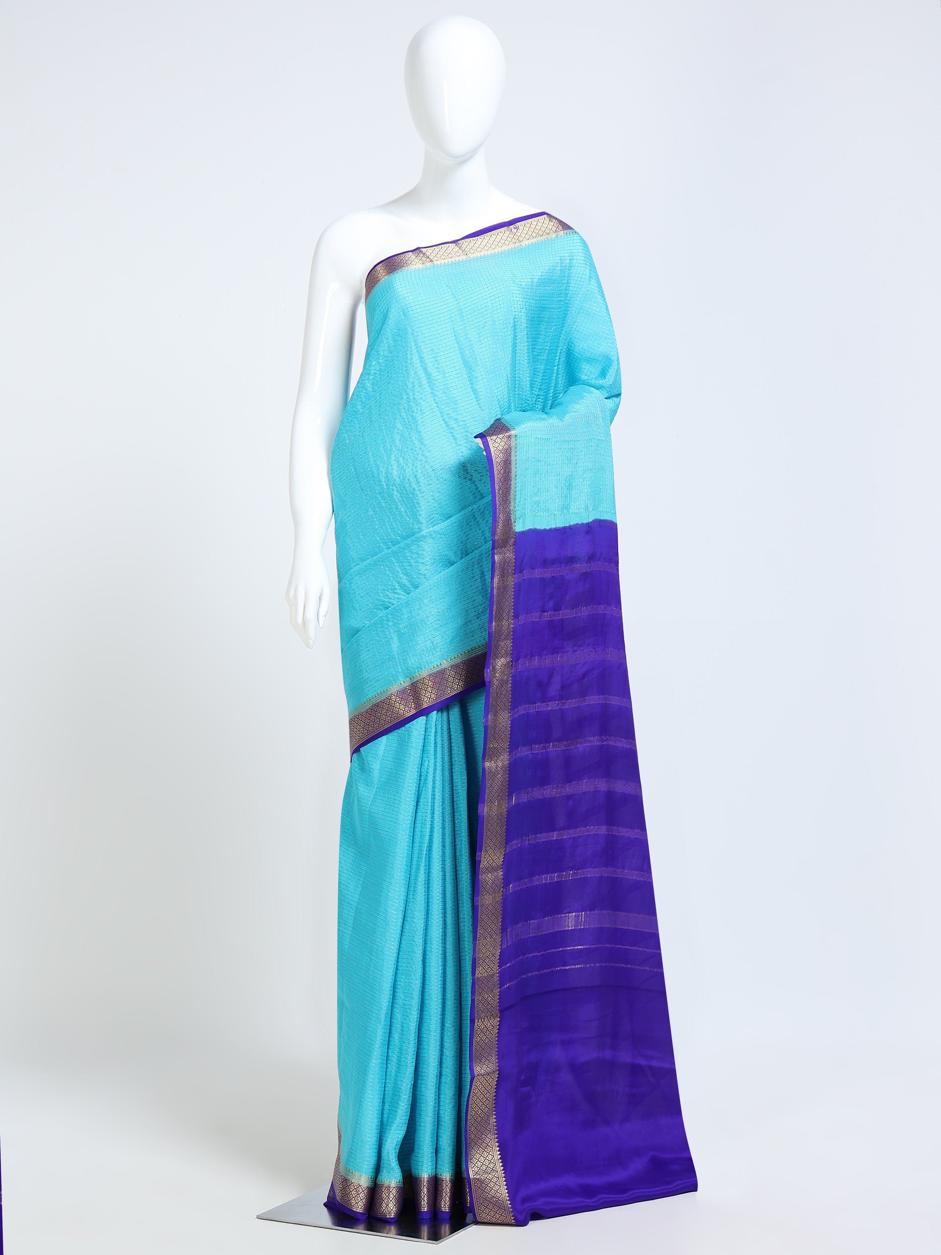 Sky Blue & Royal Purple Mysore Crepe Pure Silk Saree with Self-Check Body & Gold Zari Stripe Contrast Pallu