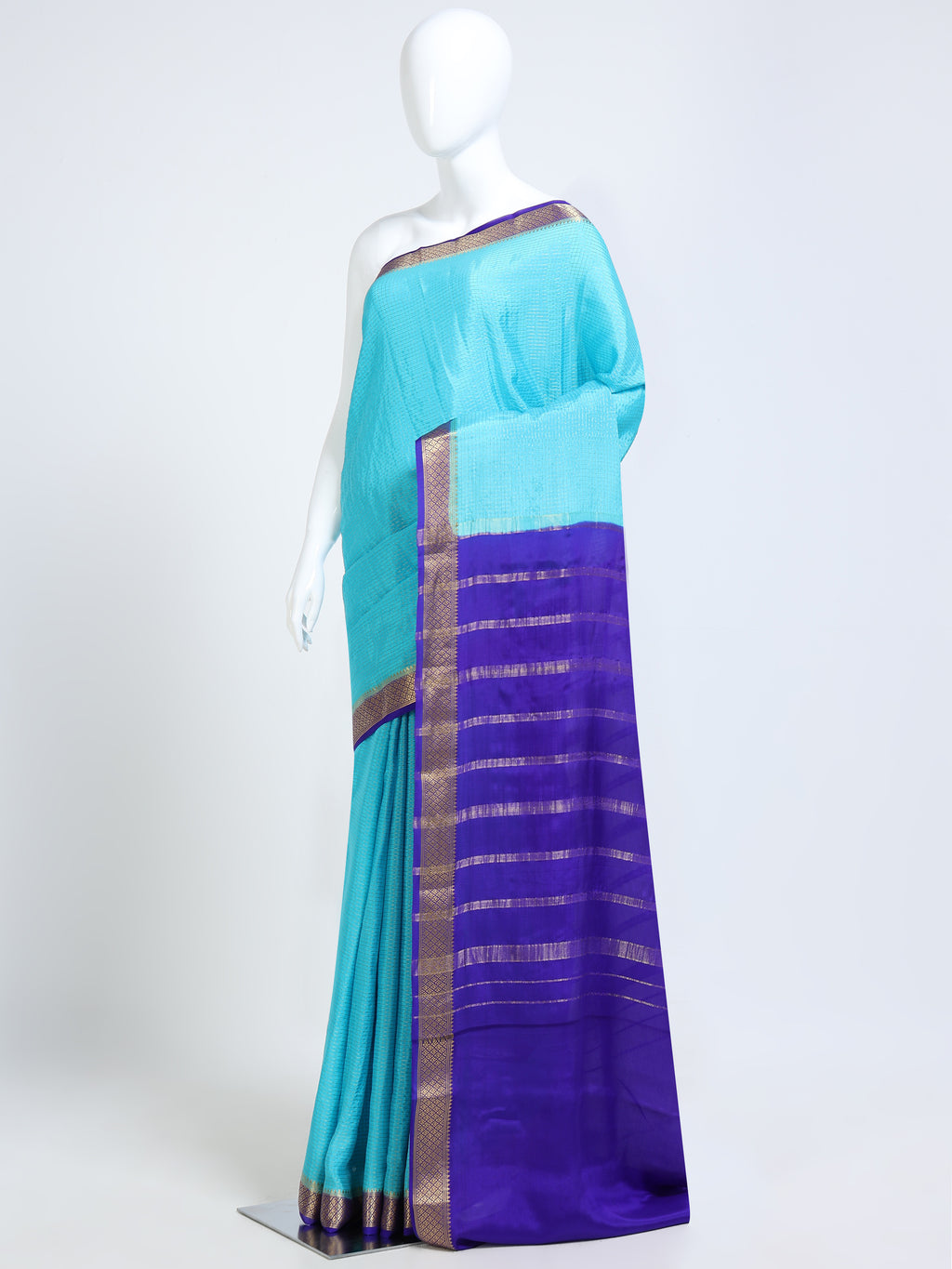 Sky Blue & Royal Purple Mysore Crepe Pure Silk Saree with Self-Check Body & Gold Zari Stripe Contrast Pallu