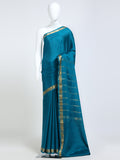 Teal Peacock Blue Mysore Crepe Pure Silk Saree with gold zari stripe pallu and elephant motif border - mannequin front view