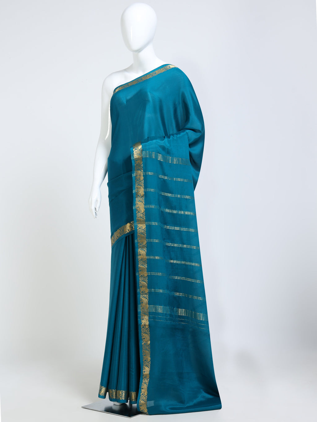 Teal Peacock Blue Mysore Crepe Pure Silk Saree with gold zari stripe pallu and elephant motif border - mannequin side view