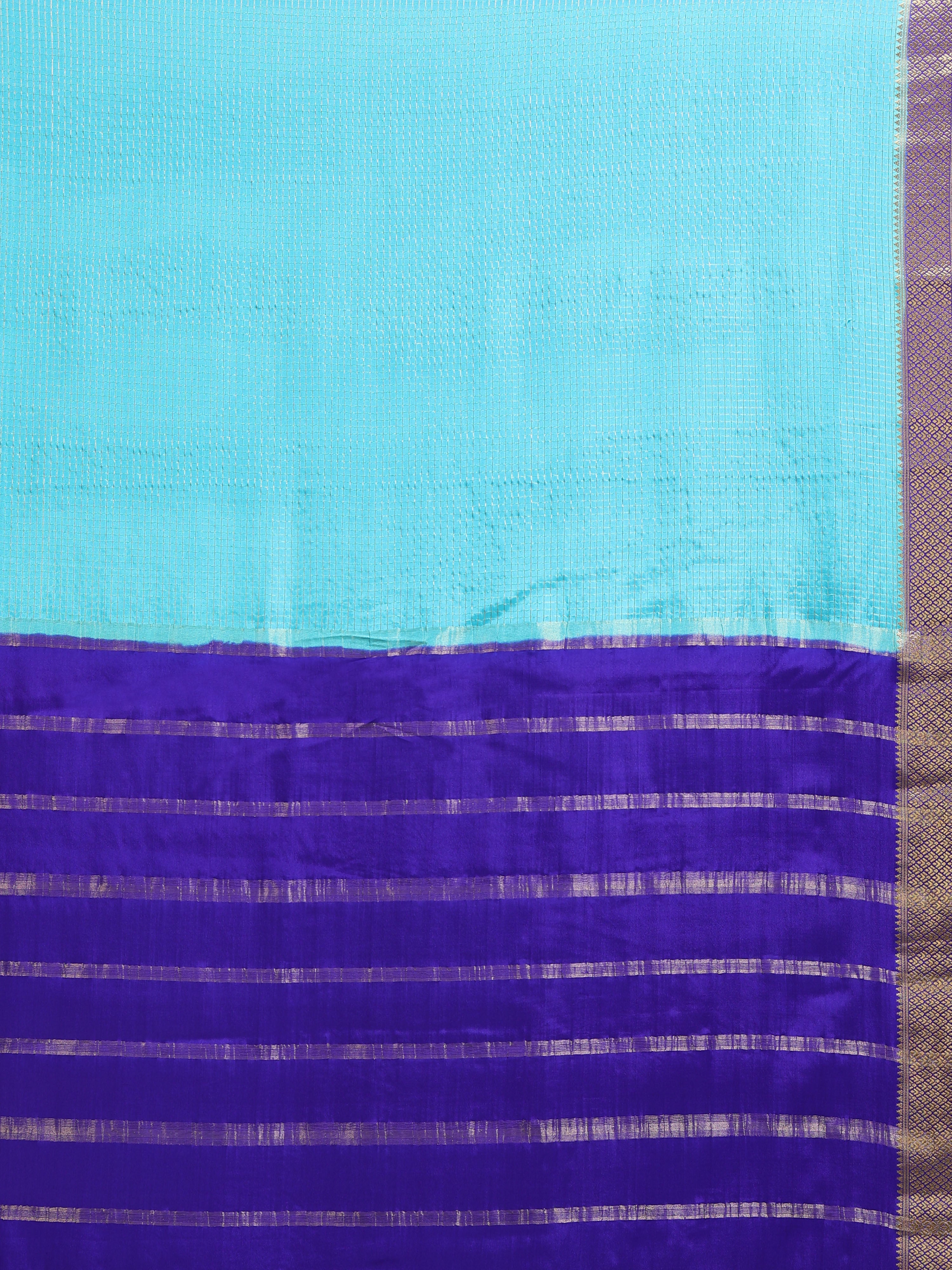 Sky Blue & Royal Purple Mysore Crepe Pure Silk Saree with Self-Check Body & Gold Zari Stripe Contrast Pallu