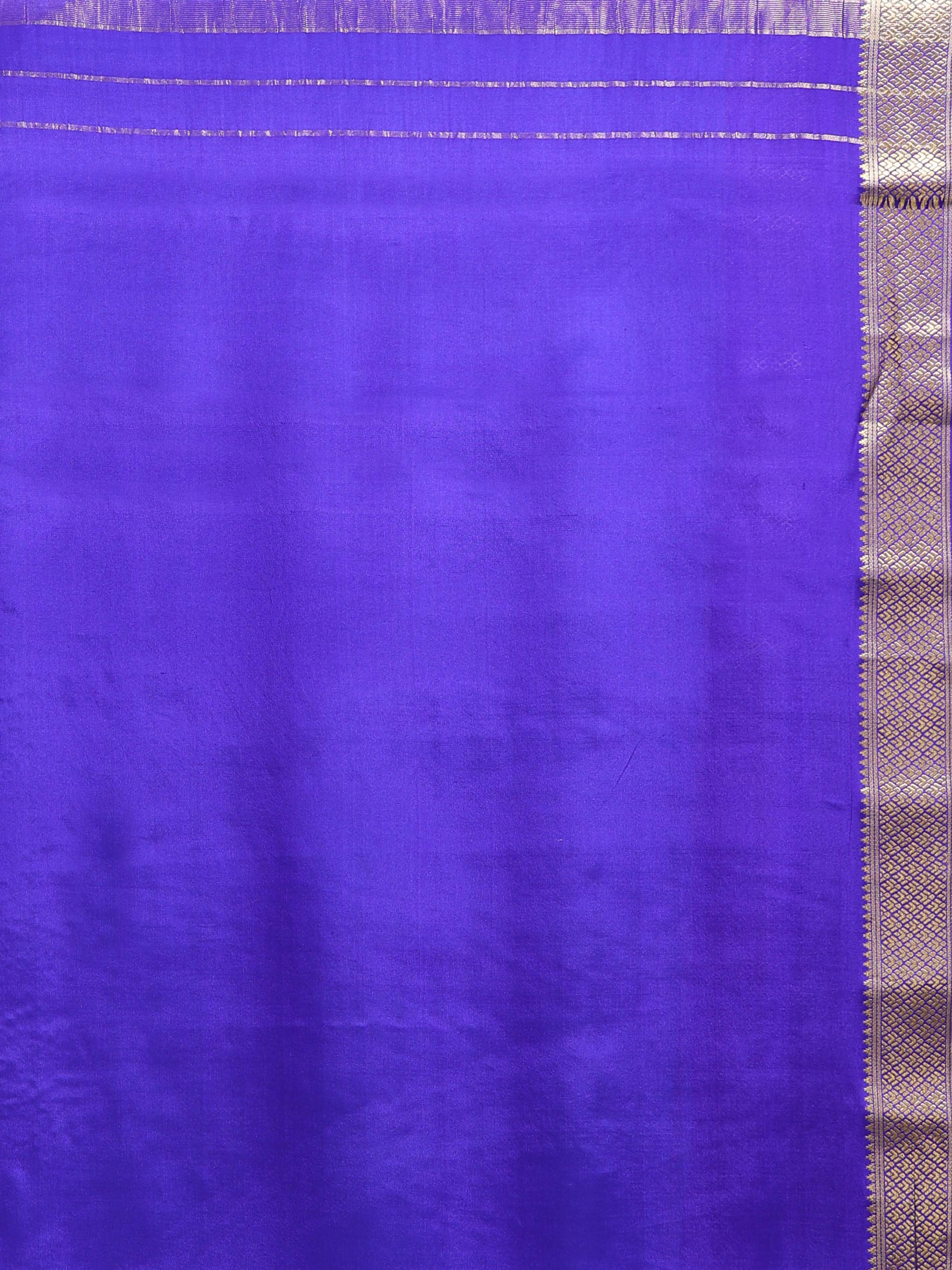 Sky Blue & Royal Purple Mysore Crepe Pure Silk Saree with Self-Check Body & Gold Zari Stripe Contrast Pallu