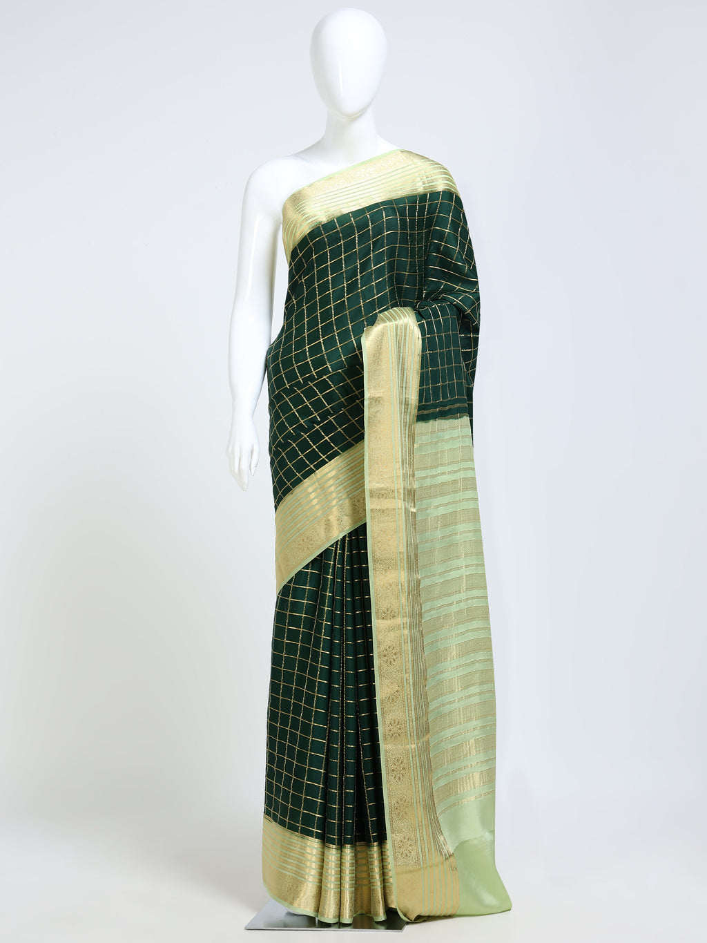 Bottle Green and Mint Mysore Crepe Pure Silk Saree with gold silver zari check body and gold stripe mint pallu - mannequin front view