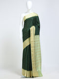 Bottle Green and Mint Mysore Crepe Pure Silk Saree with gold silver zari check body and gold stripe mint pallu - mannequin front view
