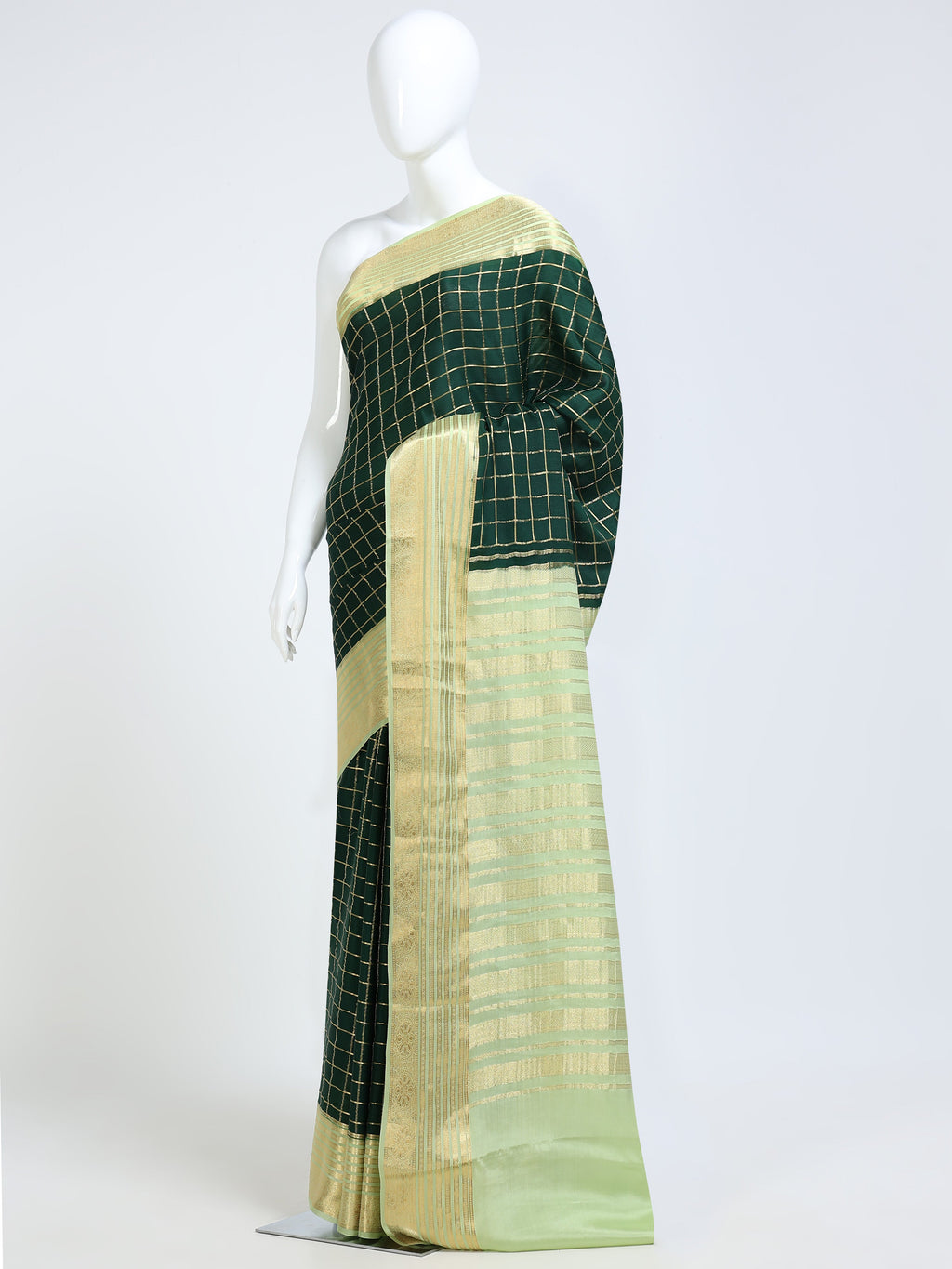 Bottle Green and Mint Mysore Crepe Pure Silk Saree with gold silver zari check body and contrast mint gold stripe pallu - mannequin side view