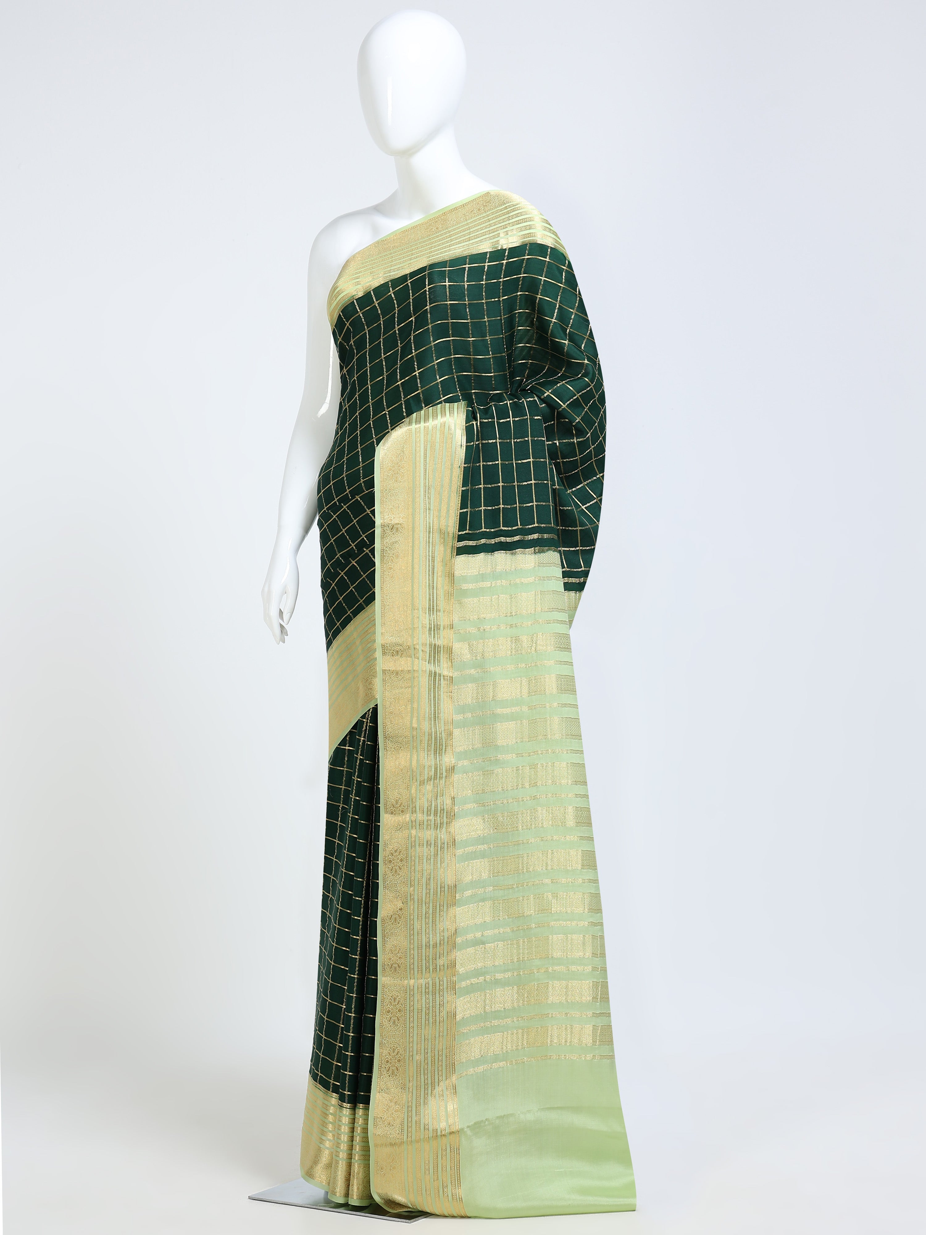 Bottle Green and Mint Mysore Crepe Pure Silk Saree with gold silver zari check body and contrast mint gold stripe pallu - mannequin side view