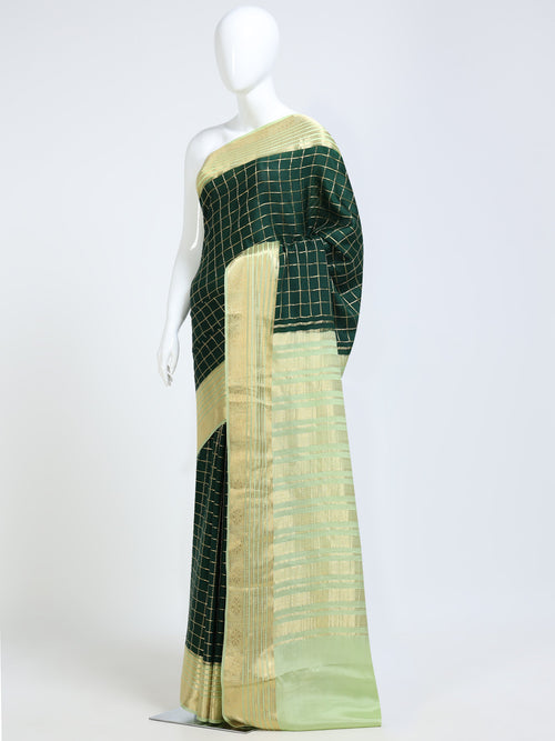 Bottle Green and Mint Mysore Crepe Pure Silk Saree with gold silver zari check body and contrast mint gold stripe pallu - mannequin side view