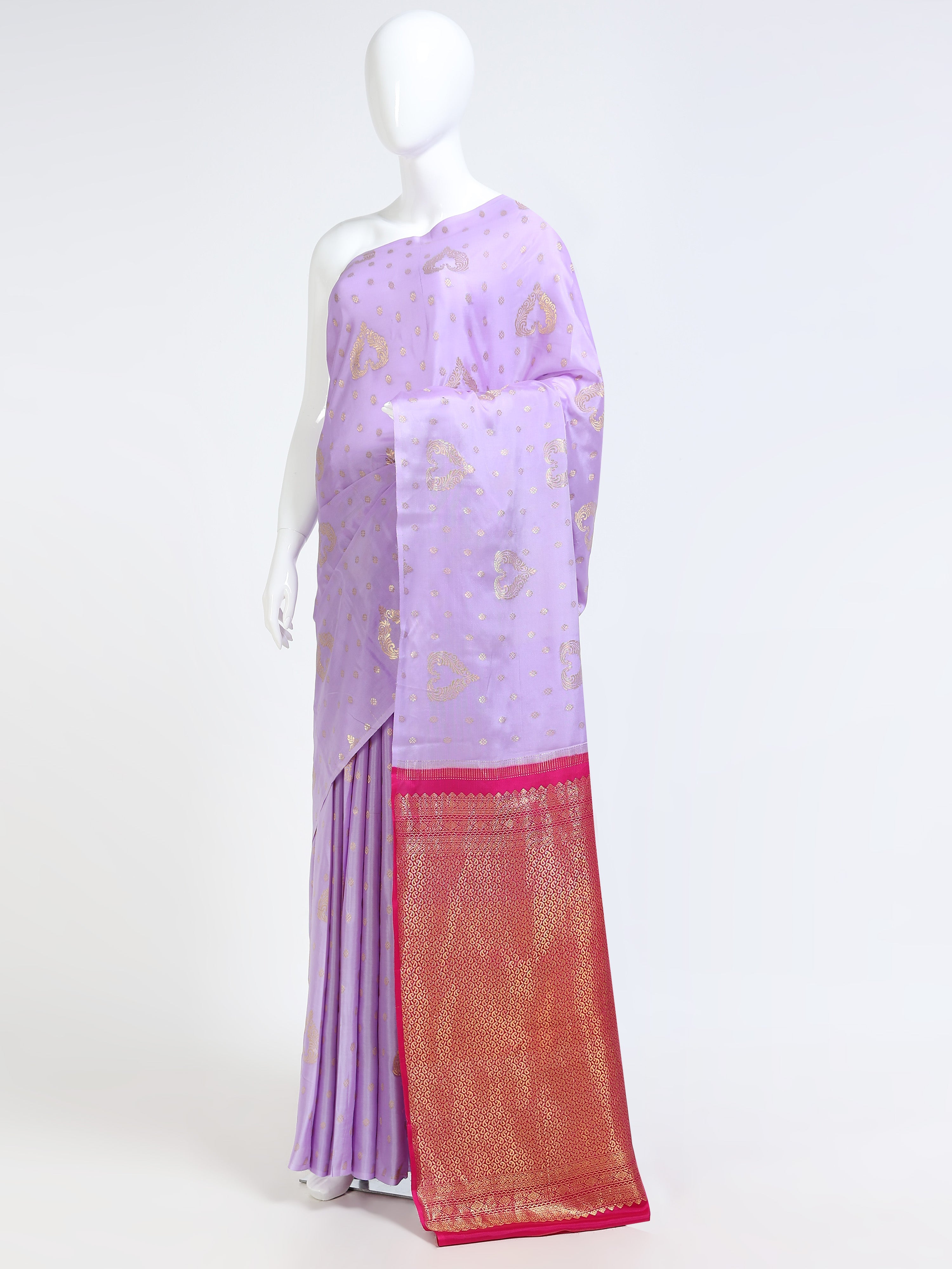 Lavender Mysore Crepe Pure Silk Saree with contrast pink zari pallu - front view