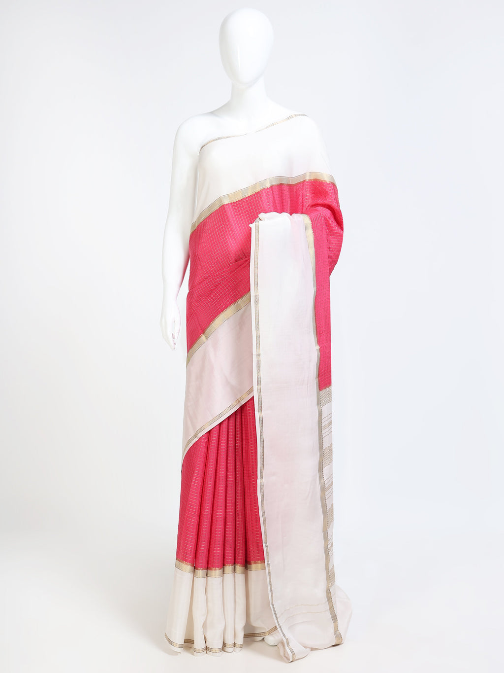 Off-White Mysore Crepe Pure Silk Saree with contrast pink zari check pallu - front view