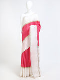 Off-White Mysore Crepe Pure Silk Saree with contrast pink zari check pallu - front view