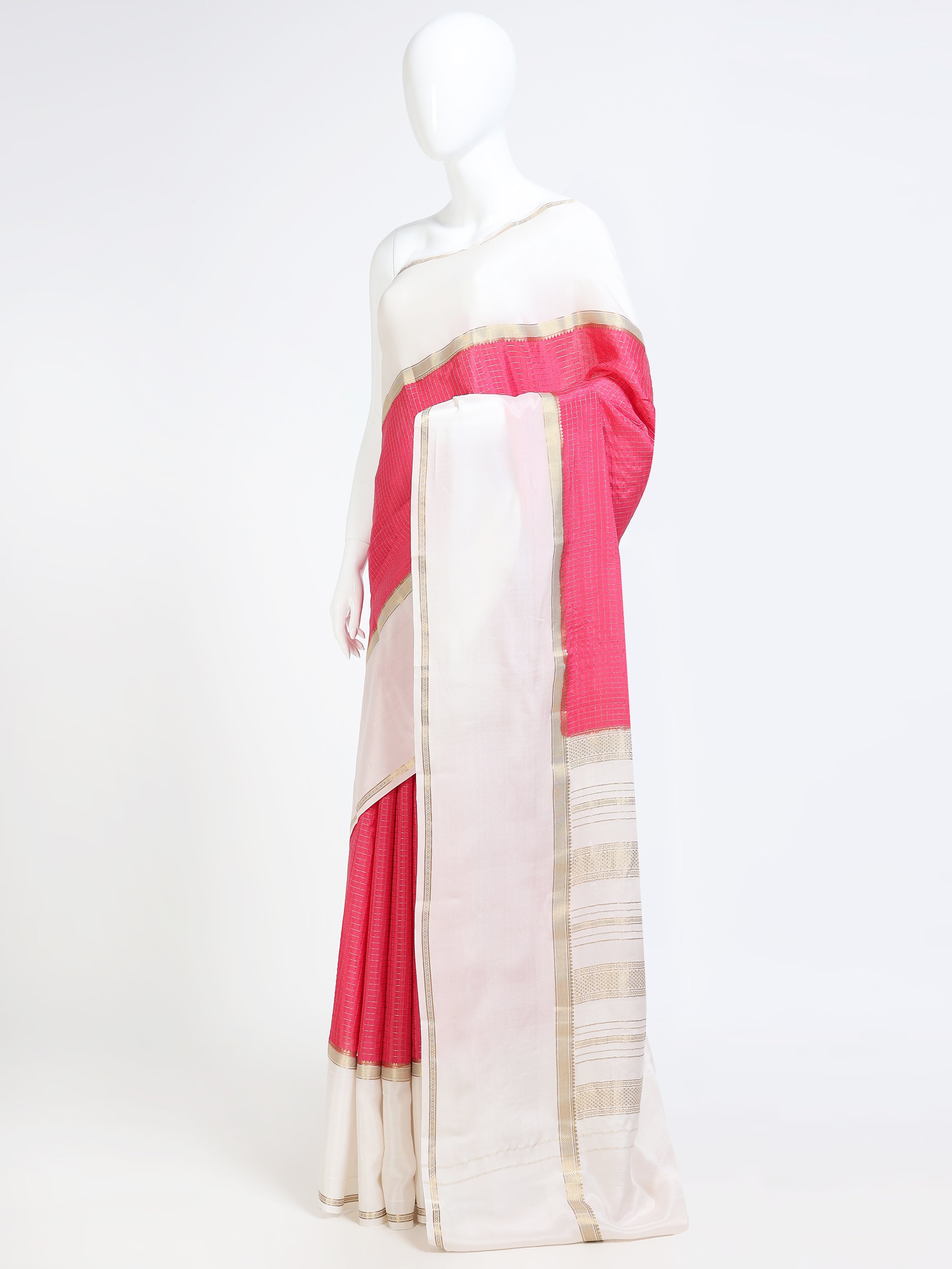 Off-White Mysore Crepe Pure Silk Saree with contrast pink zari check pallu - side view