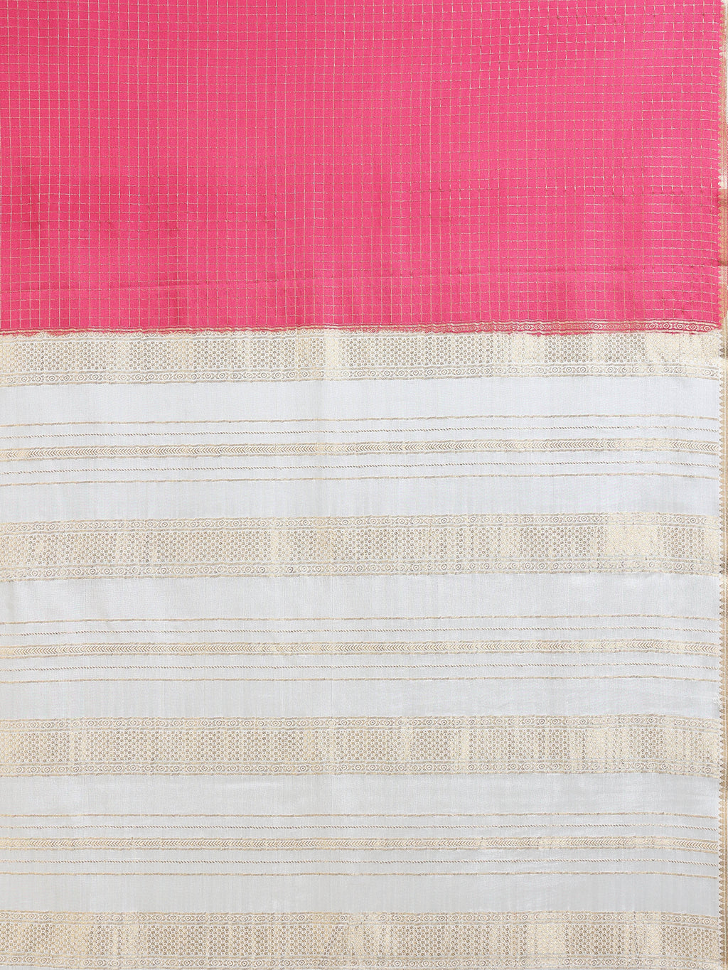 Close up of pink zari check pallu and off-white body with gold zari stripes