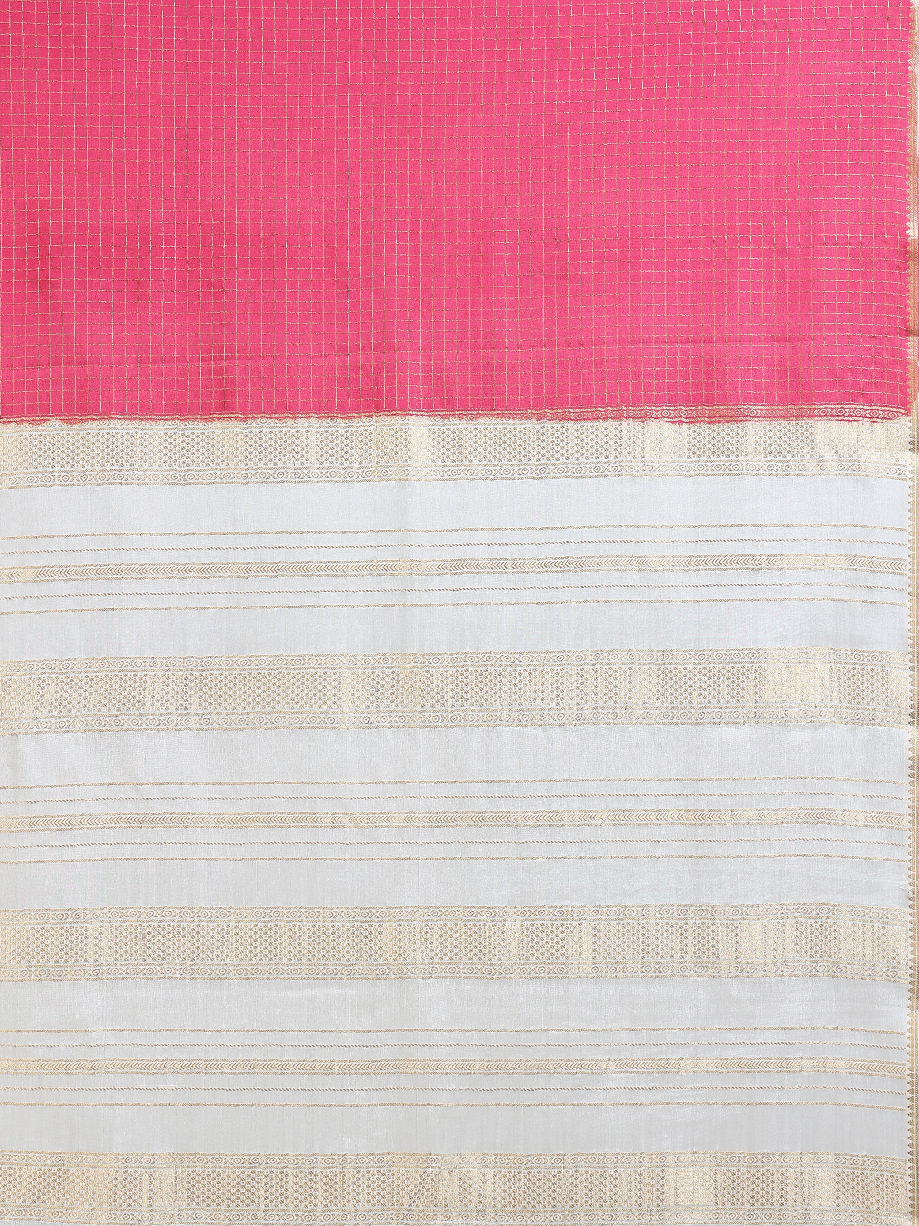 Close up of pink zari check pallu and off-white body with gold zari stripes