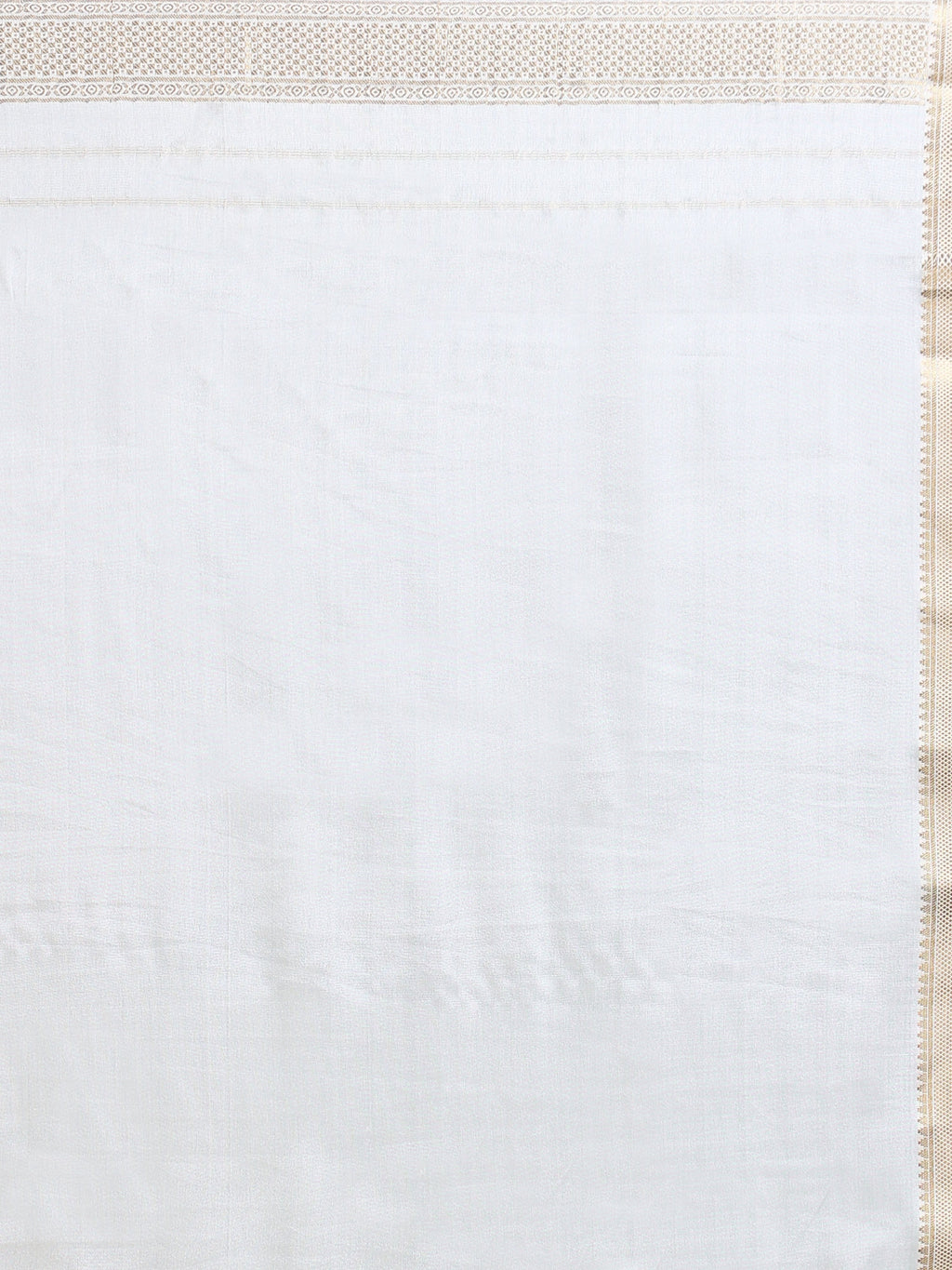 Close up of off-white body with gold zari stripe detailing and narrow border