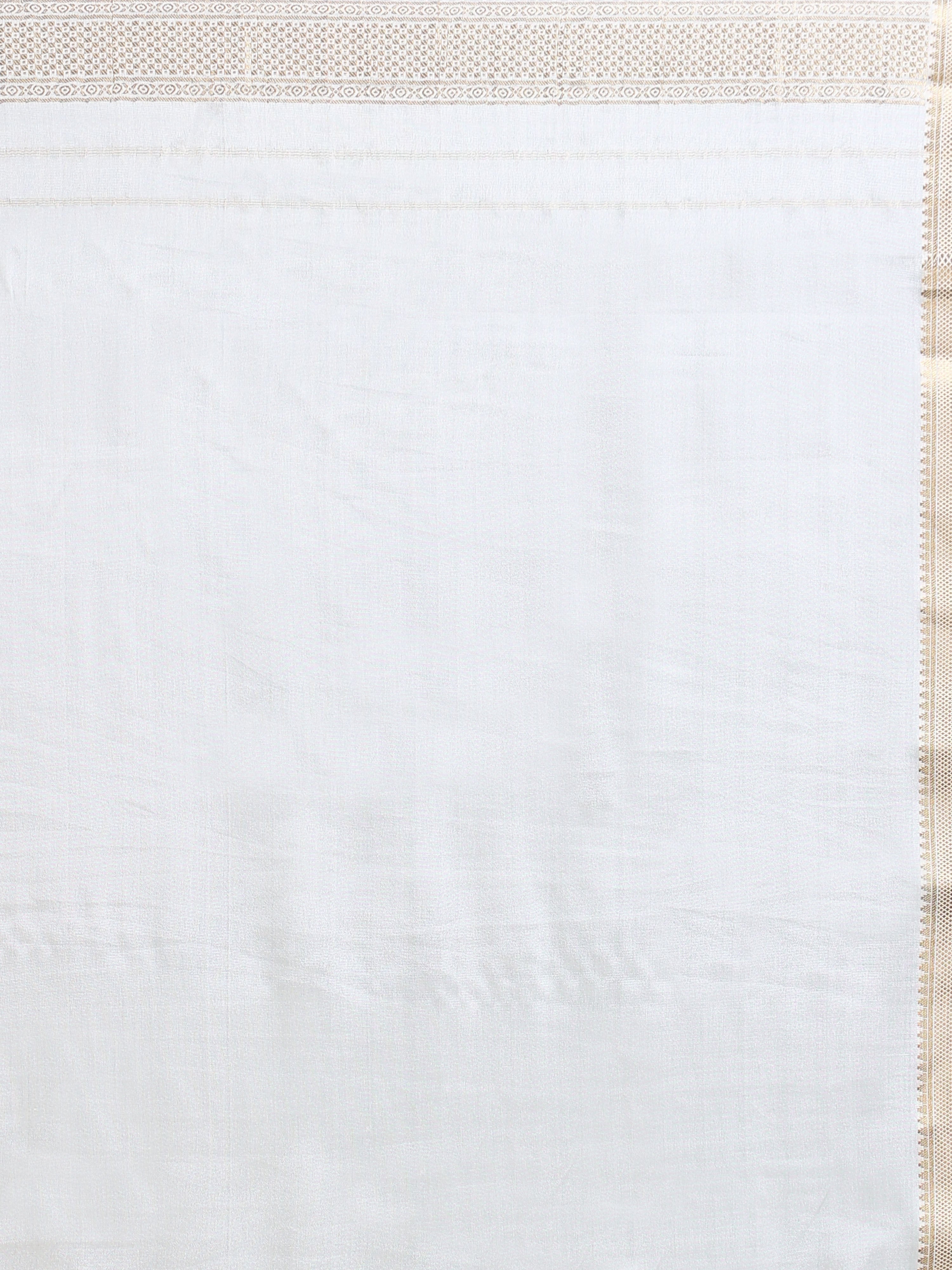 Close up of off-white body with gold zari stripe detailing and narrow border