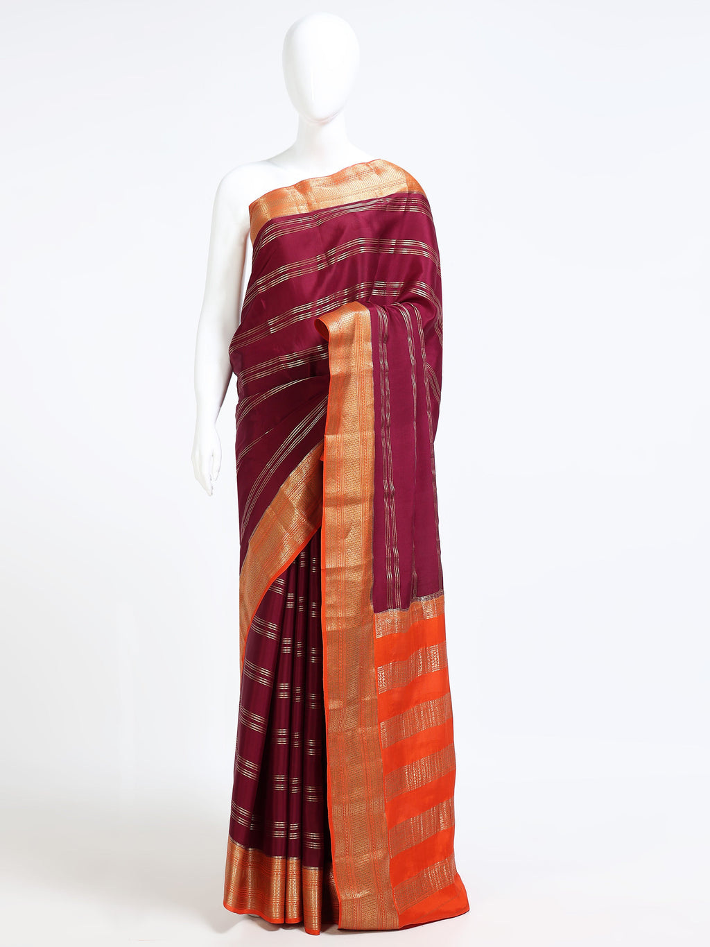 Wine Mysore Crepe Pure Silk Saree - flat lay showing orange body with gold zari