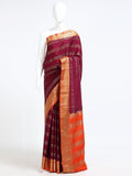 Wine Mysore Crepe Pure Silk Saree - flat lay showing orange body with gold zari