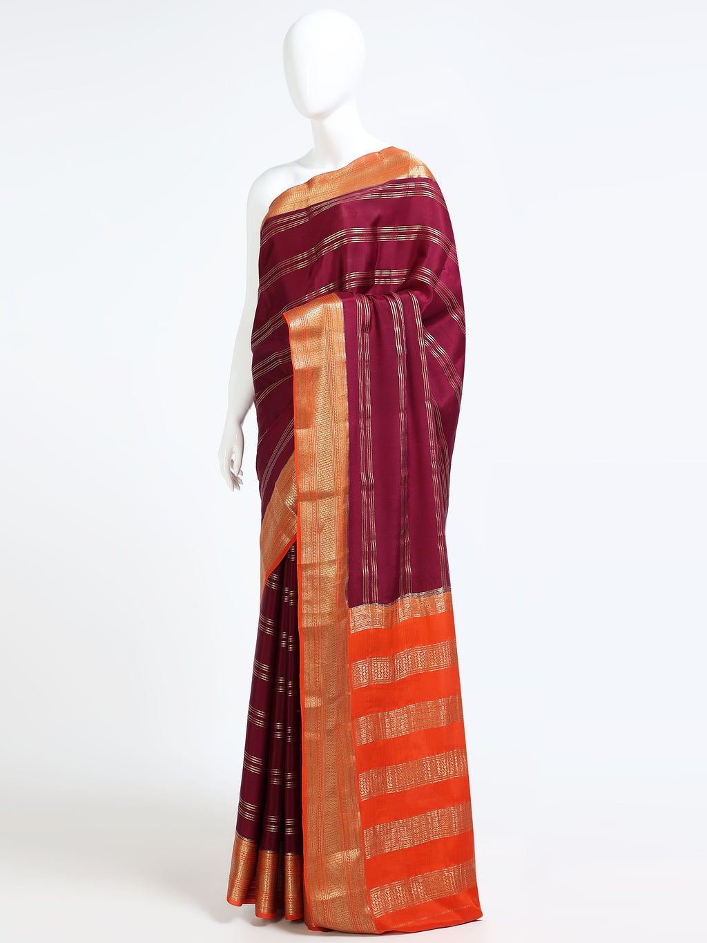 Wine Mysore Crepe Pure Silk Saree with contrast orange zari pallu - side view